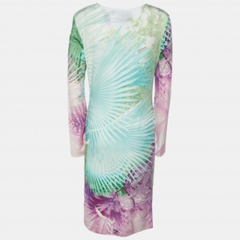 Just Cavalli Mehrfarbiges schulterfreies Jersey-Kleid mit tropischem Druck XL im Zustand „Gut“ im Angebot in Dubai, Al Qouz 2