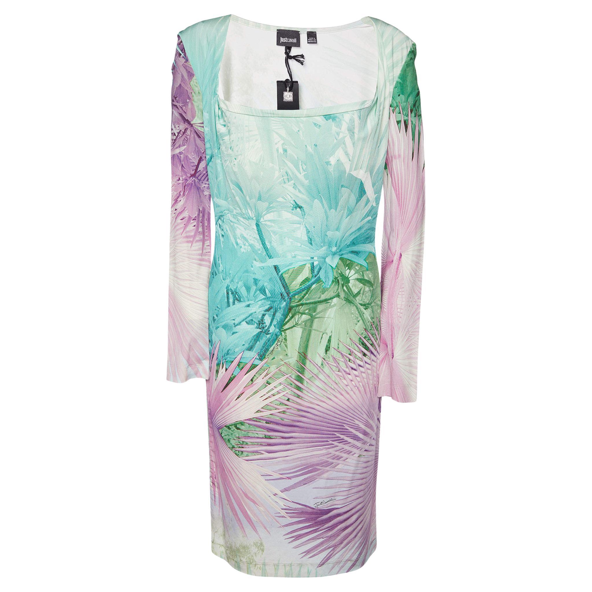 Just Cavalli Multicolor Tropical Print Jersey Off-Shoulder Dress XL For Sale