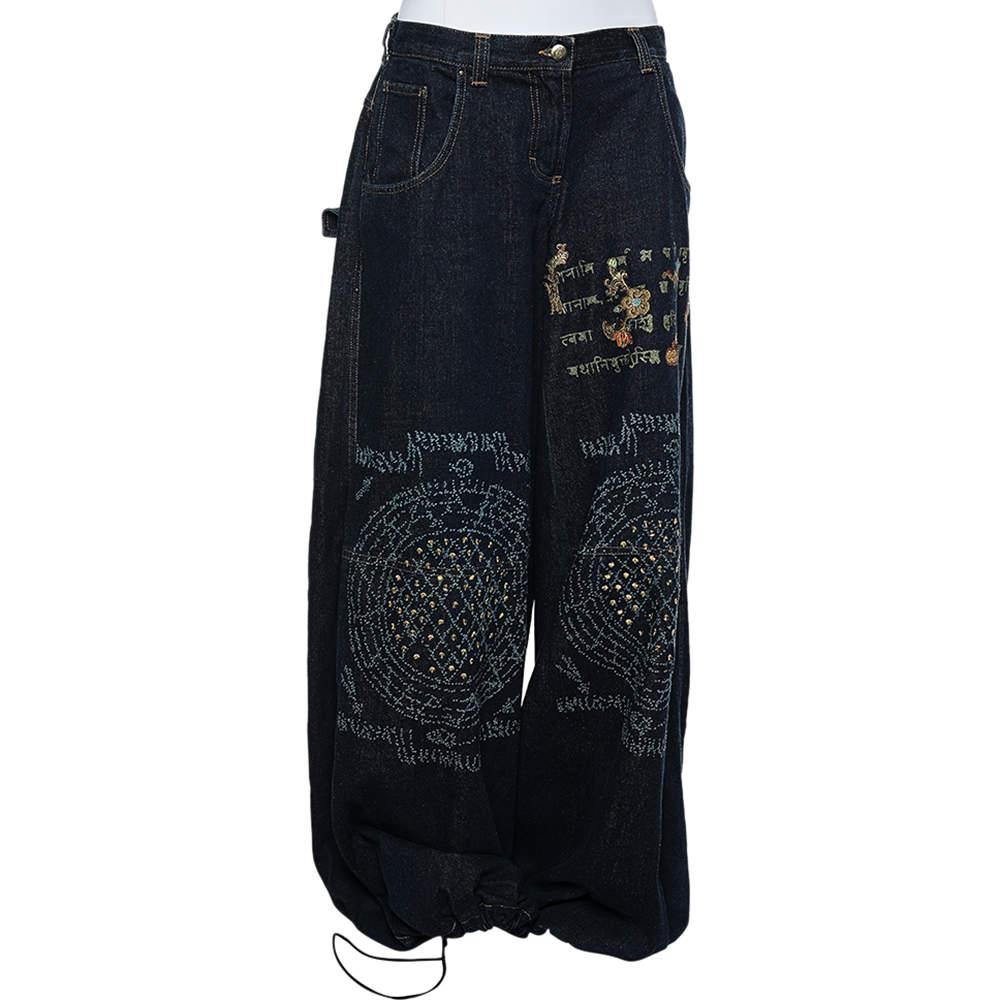 Black Just Cavalli Navy Blue Painted Denim Flared Leg Jeans L For Sale