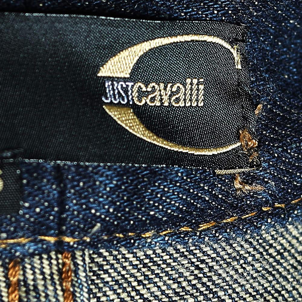 Women's Just Cavalli Navy Blue Painted Denim Flared Leg Jeans L For Sale