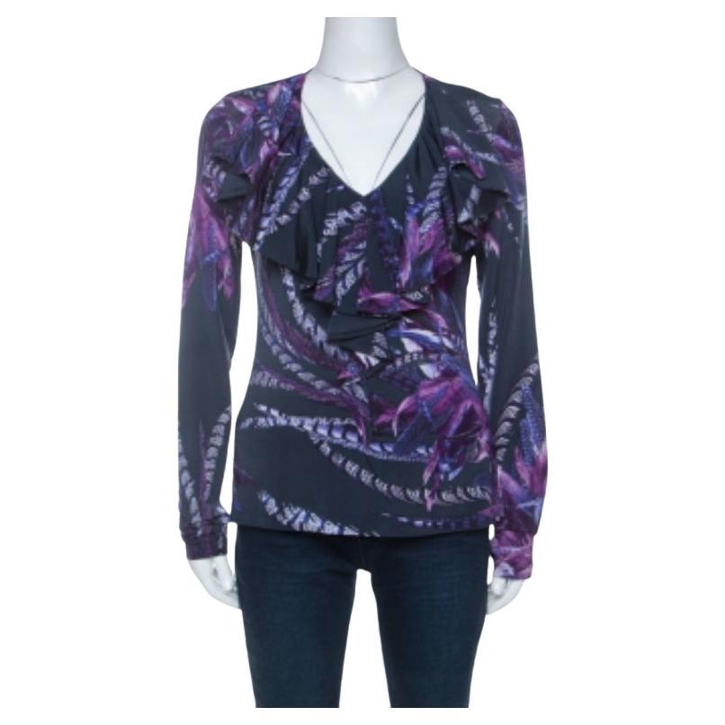 Just Cavalli Navy Blue & Purple Printed Stretch Ruffle Collar Detail Top M