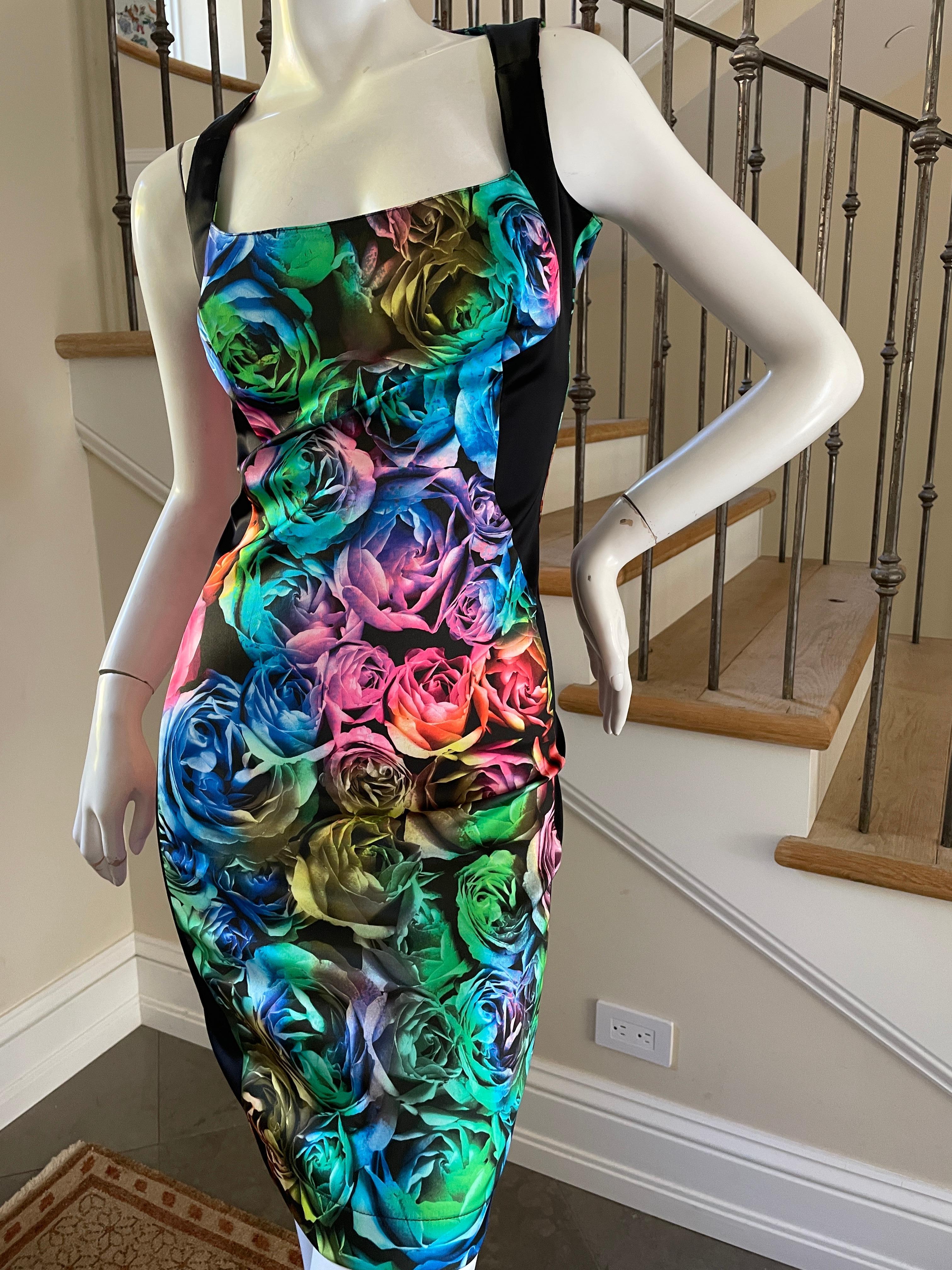 Black Just Cavalli Neon Floral Pattern Cocktail Dress by Roberto Cavalli NEW TAGS For Sale