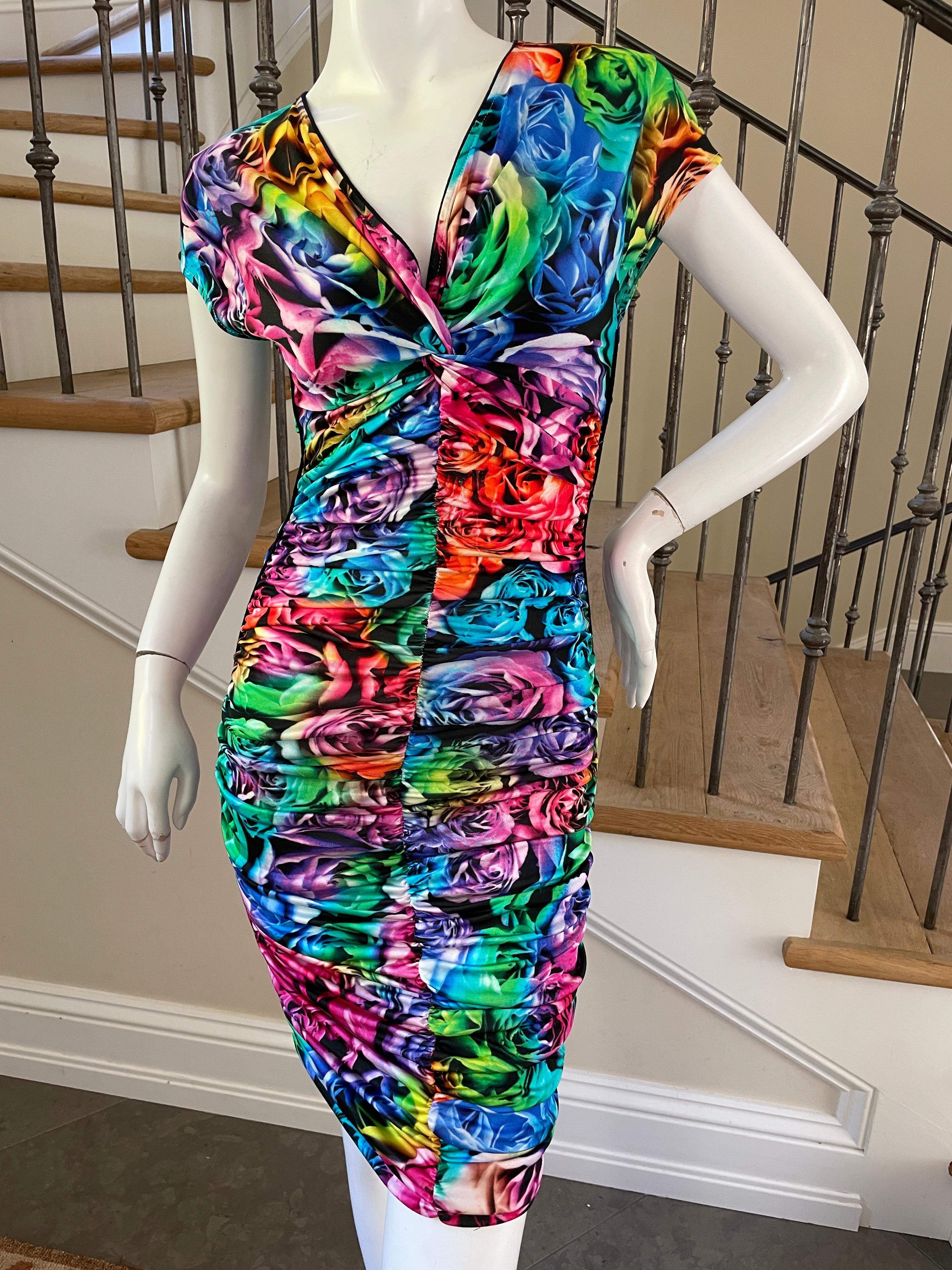 Black Just Cavalli Neon Floral Pattern Ruched Cocktail Dress by Roberto Cavalli  For Sale