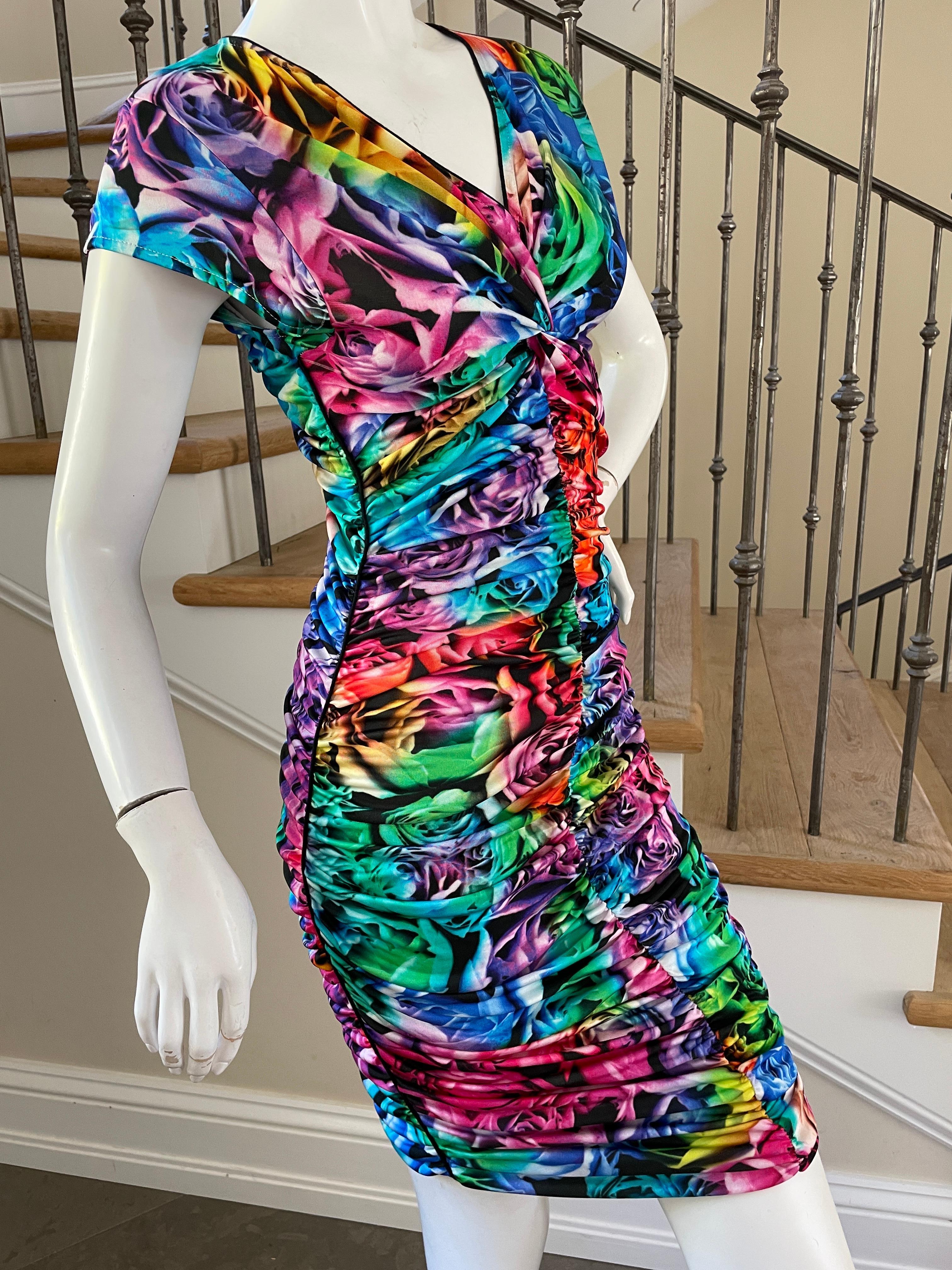 Just Cavalli Neon Floral Pattern Ruched Cocktail Dress by Roberto Cavalli  In Excellent Condition For Sale In Cloverdale, CA