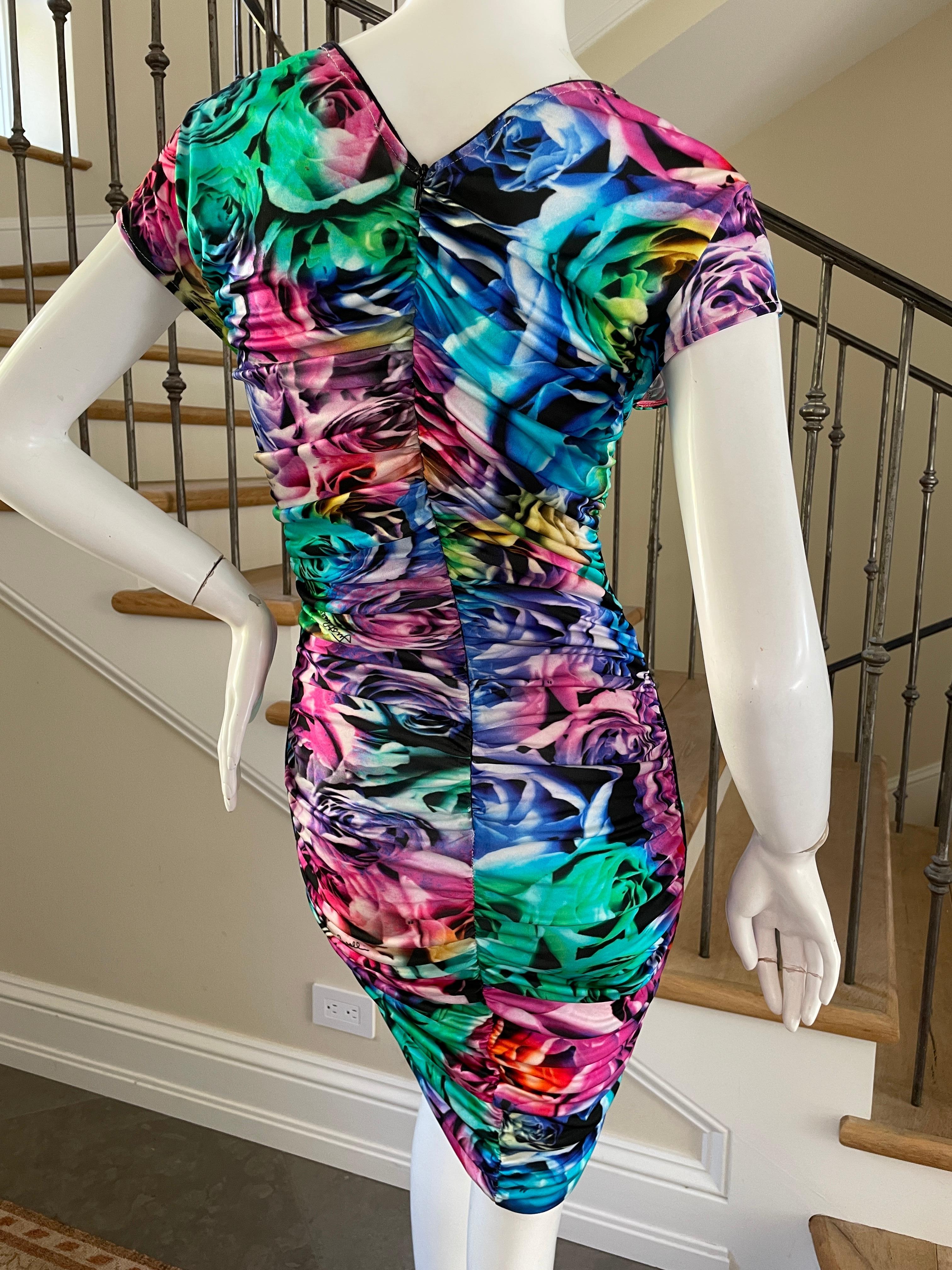 Women's or Men's Just Cavalli Neon Floral Pattern Ruched Cocktail Dress by Roberto Cavalli  For Sale
