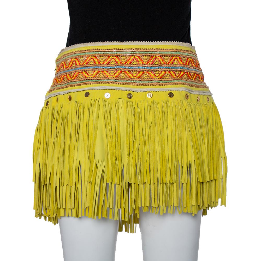 Bohemian, chic, and stylish, this Just Cavalli skirt will add a playful twist to your wardrobe. It is made from leather and detailed with fringes and delicate embroidery.

