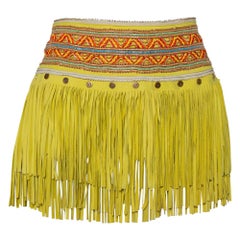 Neongelber Tribal-Minirock von Cavalli aus Leder mit Fransen, M