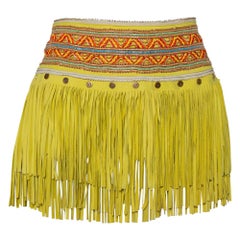 Just Cavalli Neon Yellow Leather Fringed Tribal Mini Skirt M