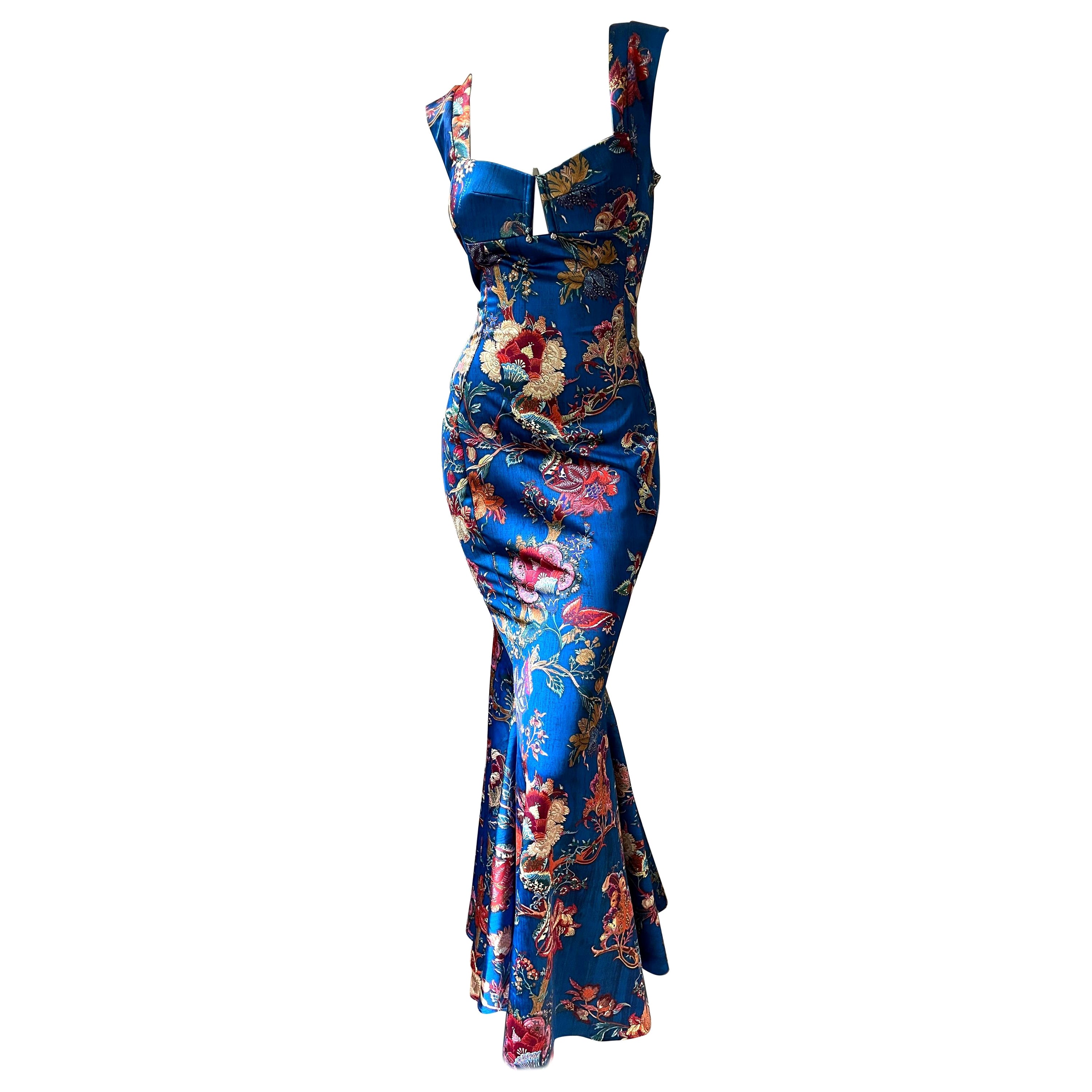 Just Cavalli Orientalist Floral Evening Dress w Keyhole Bust by Roberto Cavalli