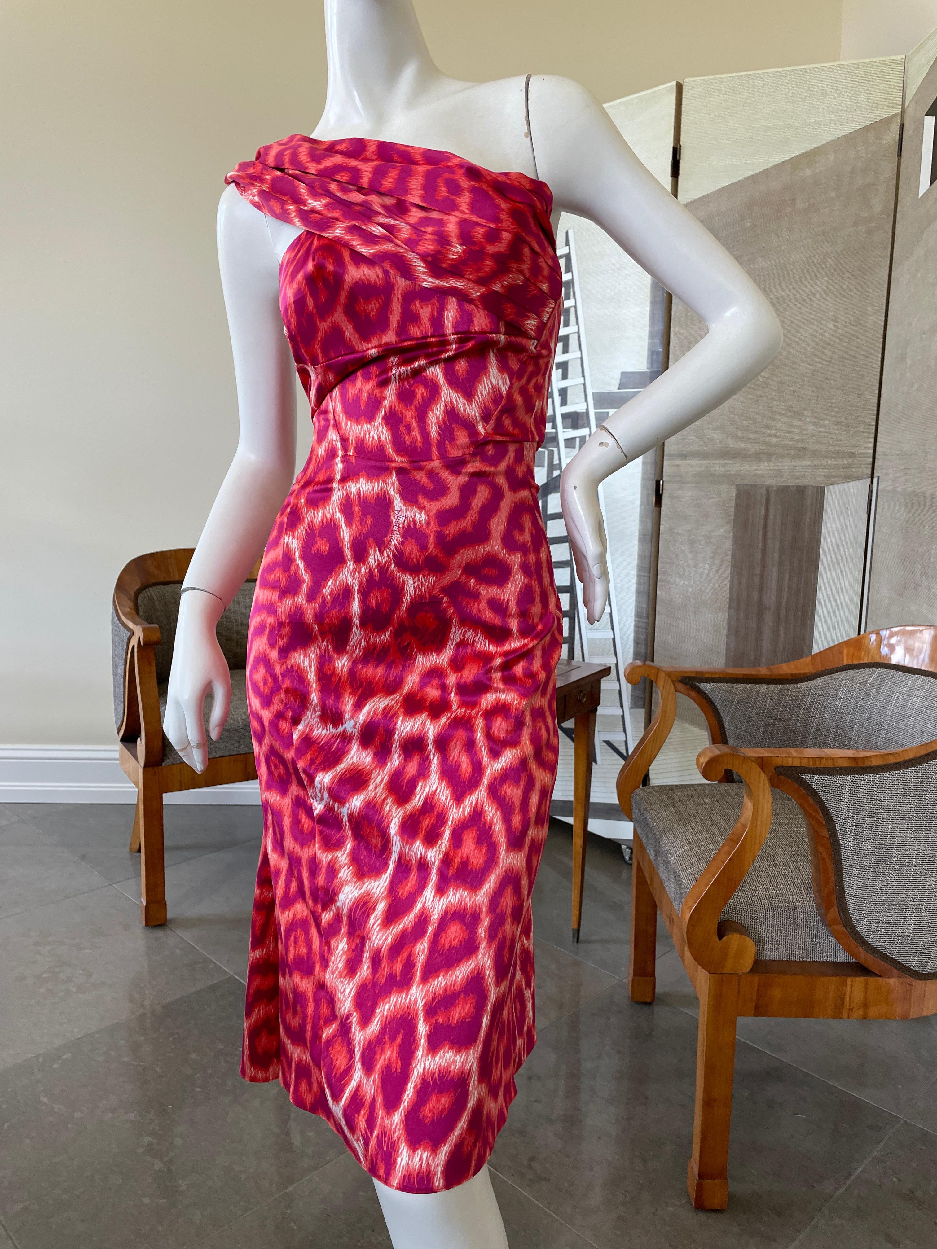 Just Cavalli Pink Leopard Print Cocktail Dress by Roberto Cavalli
 Sz 44
This is so pretty, it is cut generously, and has a lot of stretch.
Bust 36