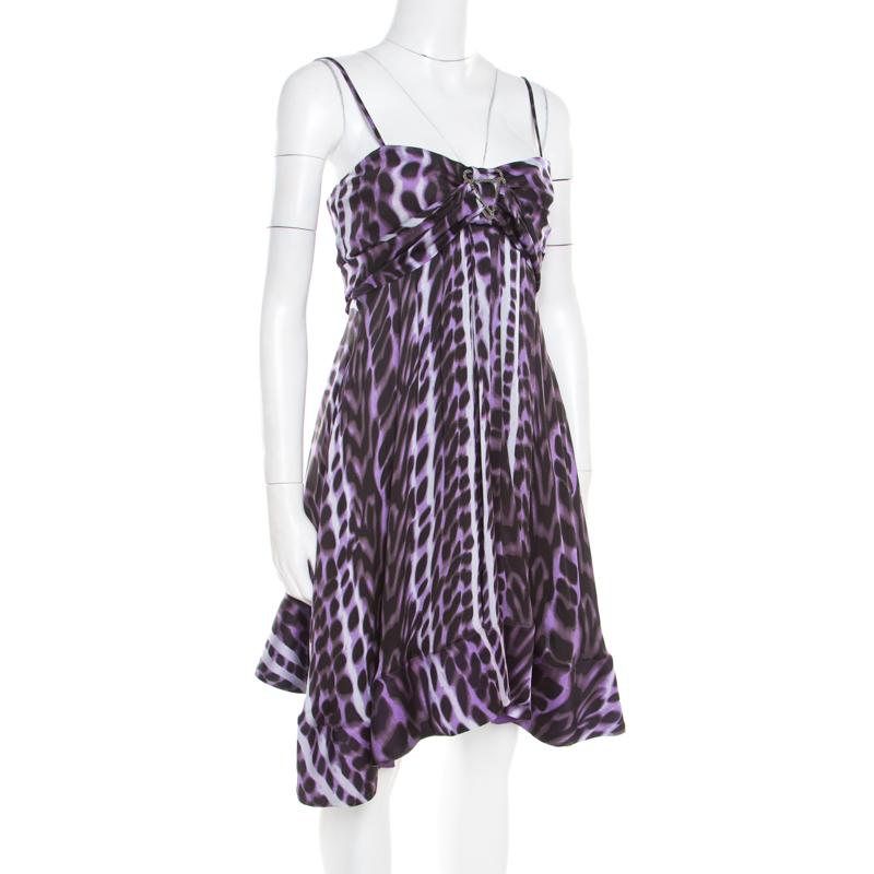 Gray Just Cavalli Purple and Black Animal Printed Silk Tie Detail Sleeveless Dress S