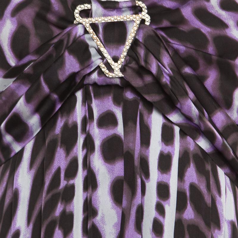 Just Cavalli Purple and Black Animal Printed Silk Tie Detail Sleeveless Dress S In Good Condition In Dubai, Al Qouz 2
