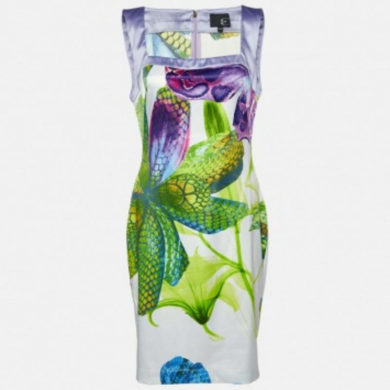 Just Cavalli Lila/Grüner Blumendruck Satin Etuikleid L Damen im Angebot