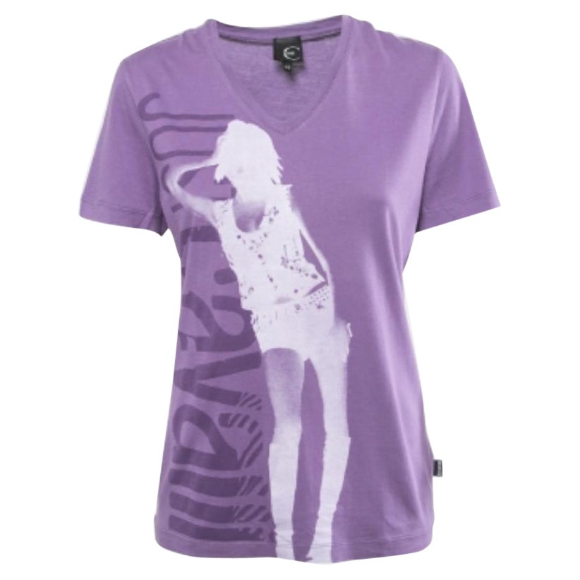 Just Cavalli Purple Printed Cotton V-Neck T-Shirt L For Sale