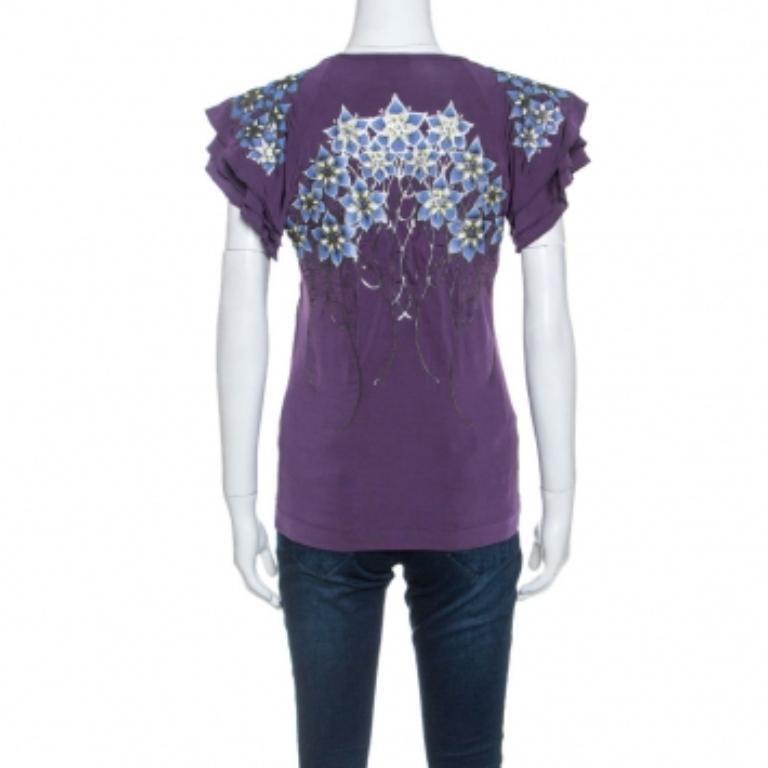 Just Cavalli Lila Stretch Jersey Floral geprägtes Detail Top M im Angebot 8