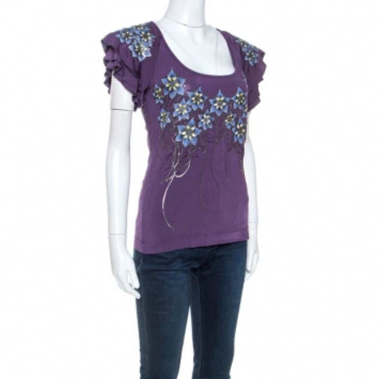 Just Cavalli Lila Stretch Jersey Floral geprägtes Detail Top M (Grau) im Angebot