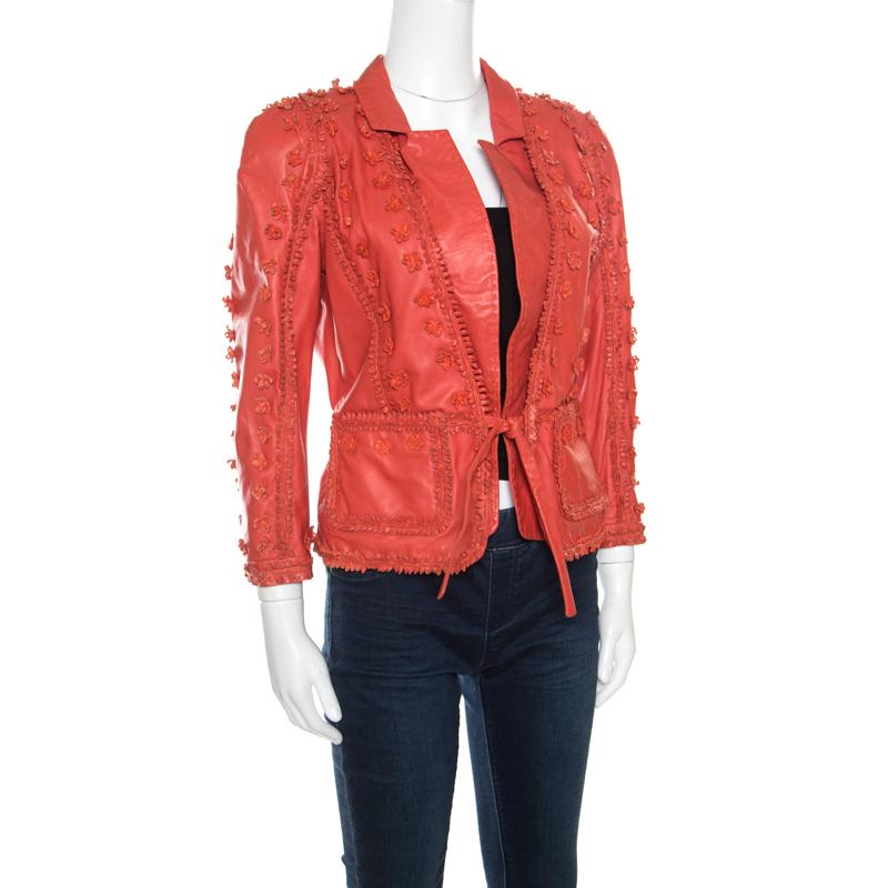 Just Cavalli Red Floral Appliqued Leather Jacket M In Good Condition In Dubai, Al Qouz 2