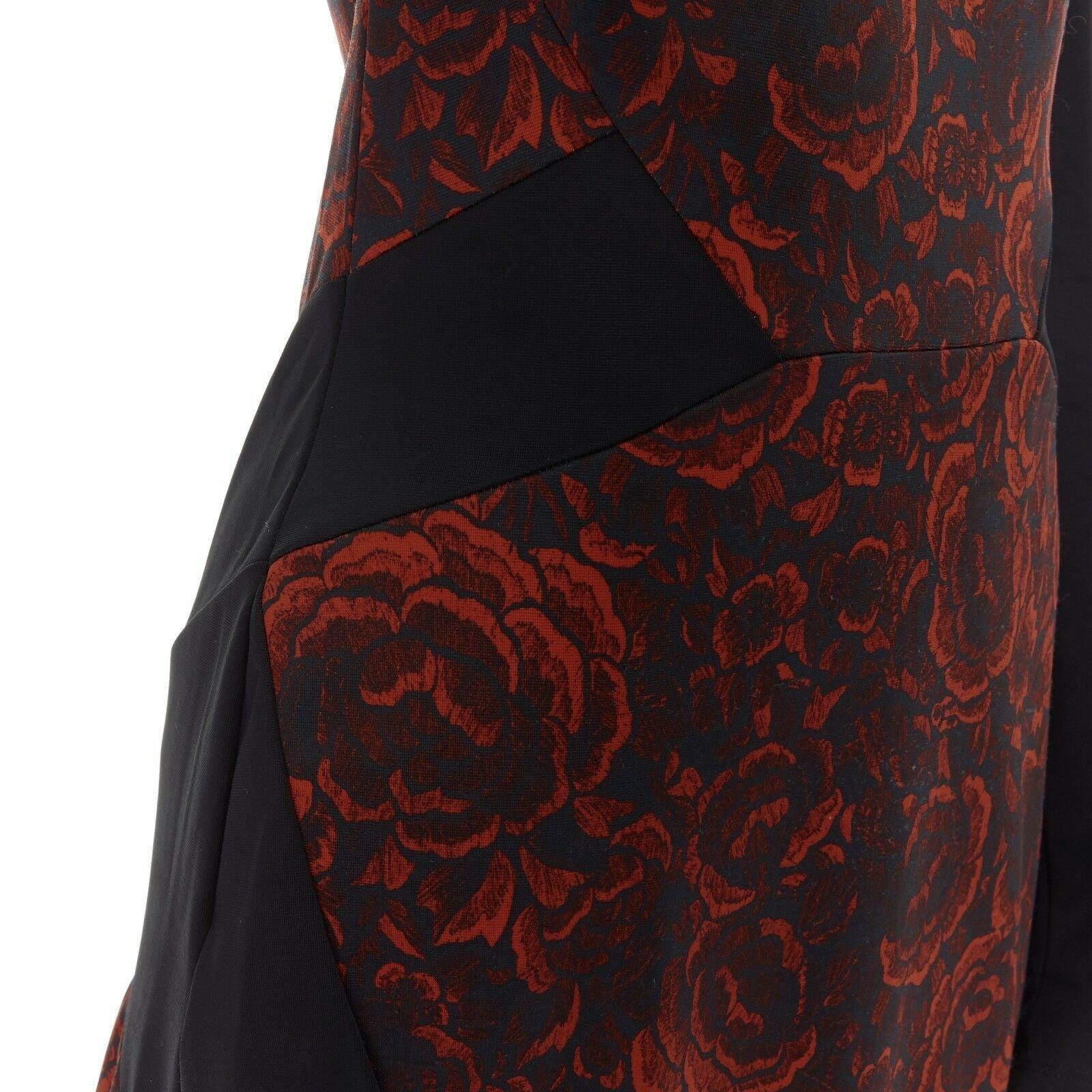 JUST CAVALLI red floral print black panelled dual slit bodycon cocktail dress S 3