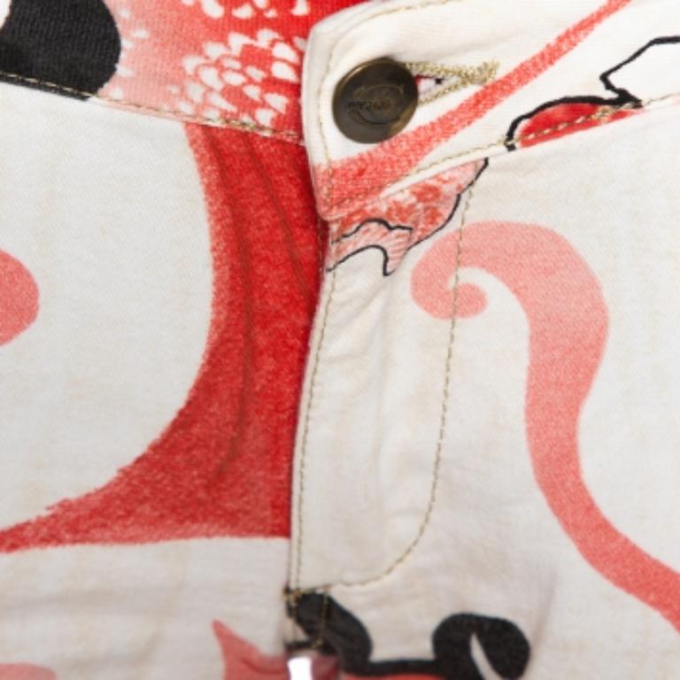 Beige Just Cavalli Red Floral Print Cotton Flared Jeans M For Sale