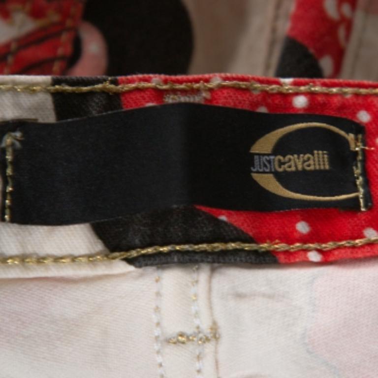 Just Cavalli Red Floral Print Cotton Flared Jeans M For Sale 1