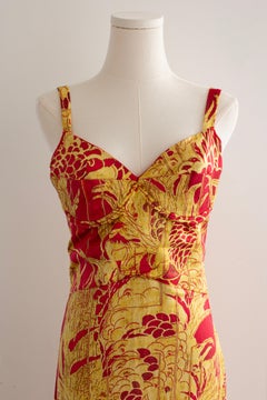 Just Cavalli Red & Gold Silk Oriental Japanese Print Maxi Dress