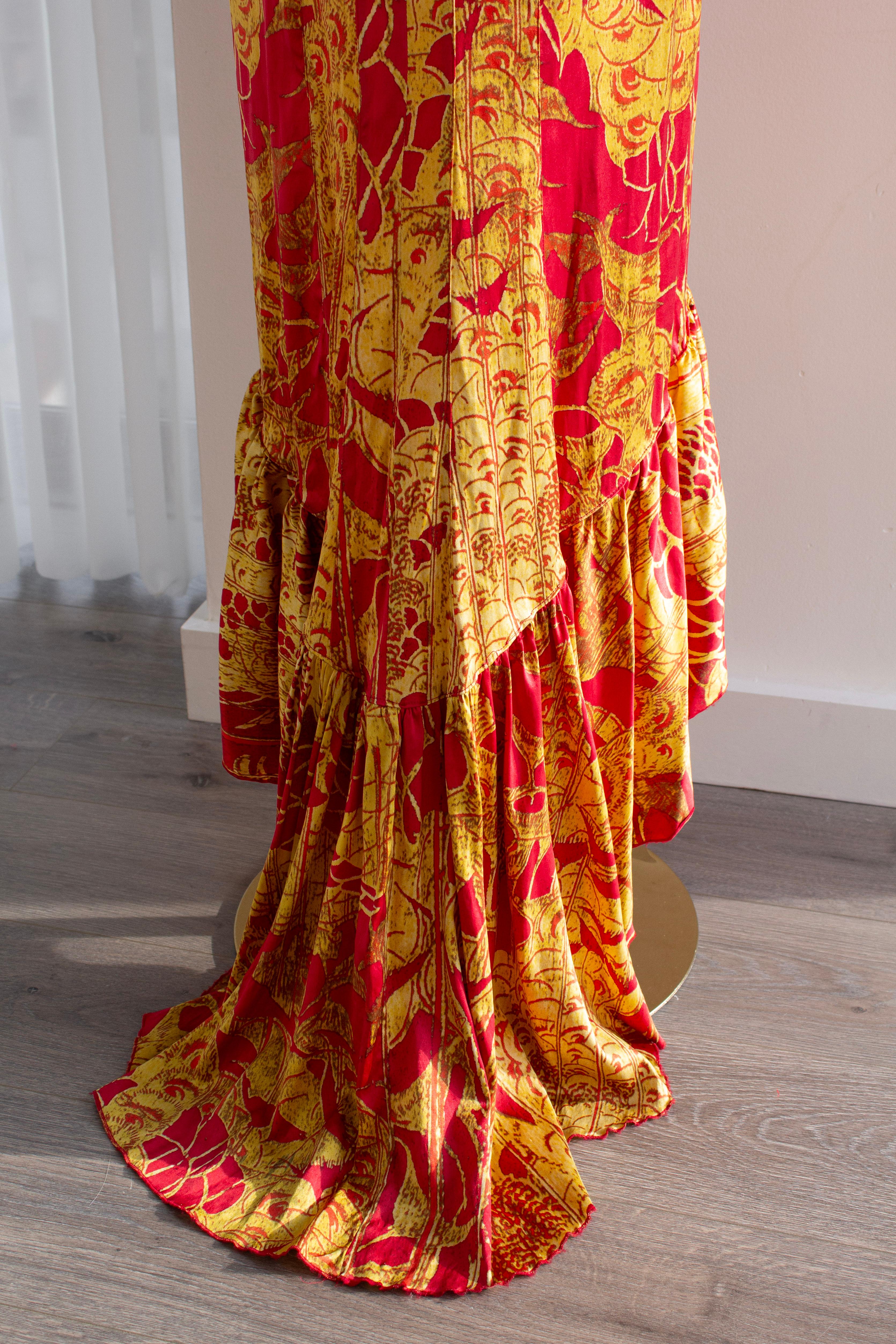 Just Cavalli Red and Gold Silk Oriental Japanese Print Maxi Dress