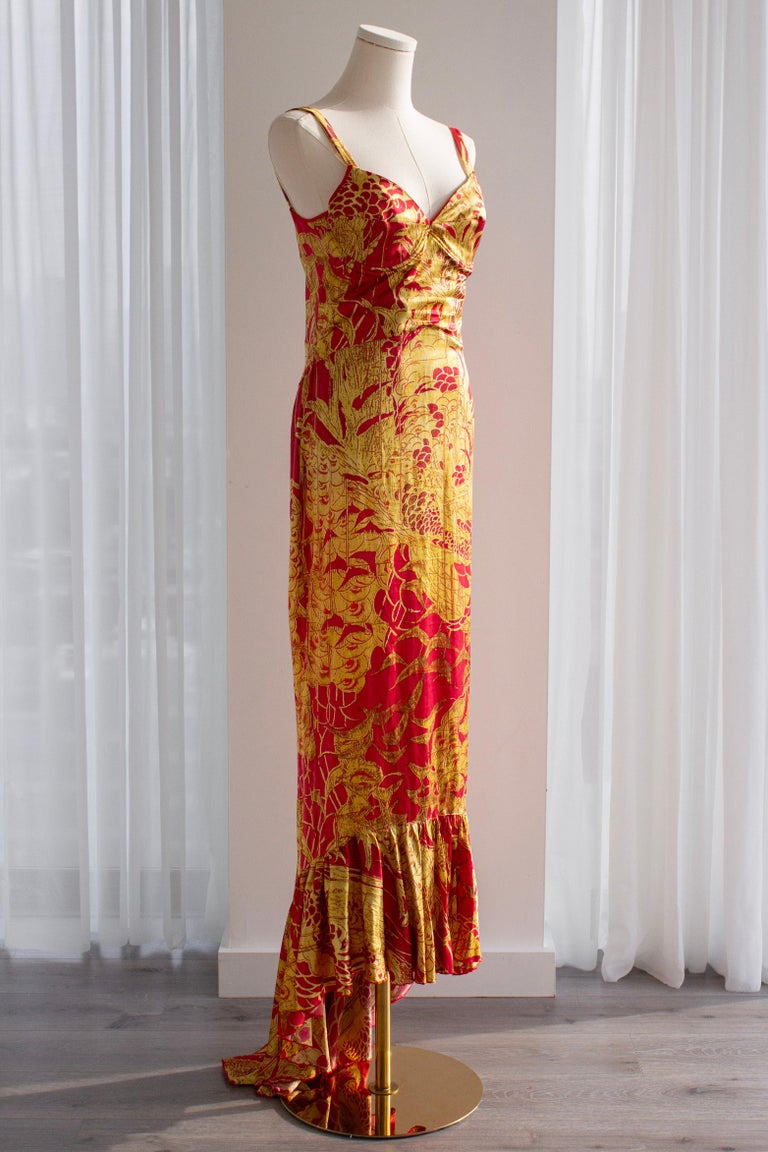 red and gold summer dress Just Cavalli Red and Gold Silk Oriental Japanese Print Maxi Dress For Sale  at 1stDibs