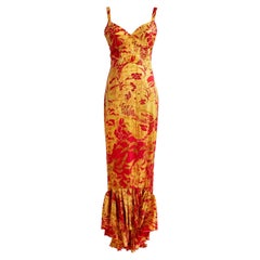 Just Cavalli Red & Gold Silk Oriental Japanese Print Maxi Dress