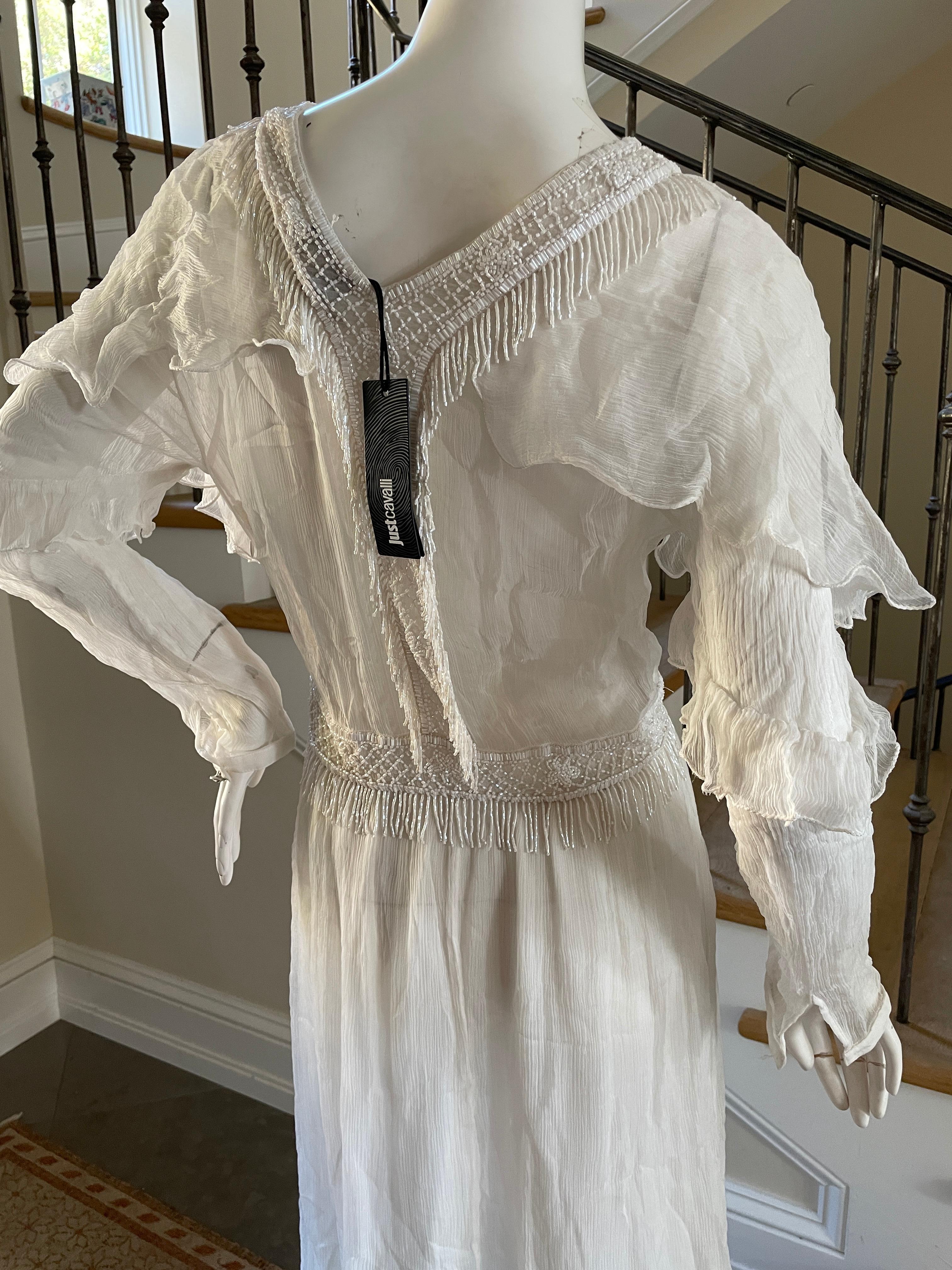 Just Cavalli Romantic Vintage White Dress w Bead Fringe by Roberto Cavalli NWT In New Condition For Sale In Cloverdale, CA