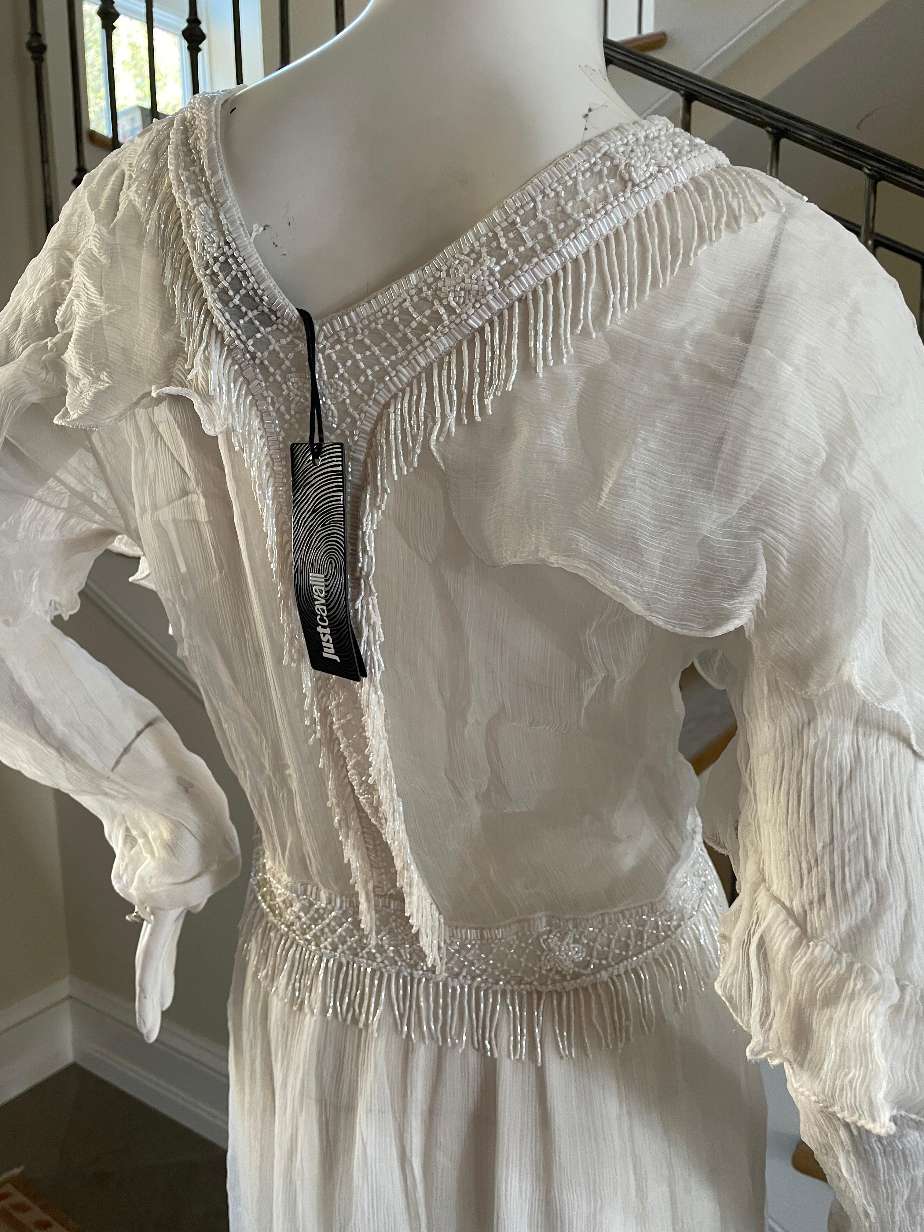 Women's Just Cavalli Romantic Vintage White Dress w Bead Fringe by Roberto Cavalli NWT For Sale
