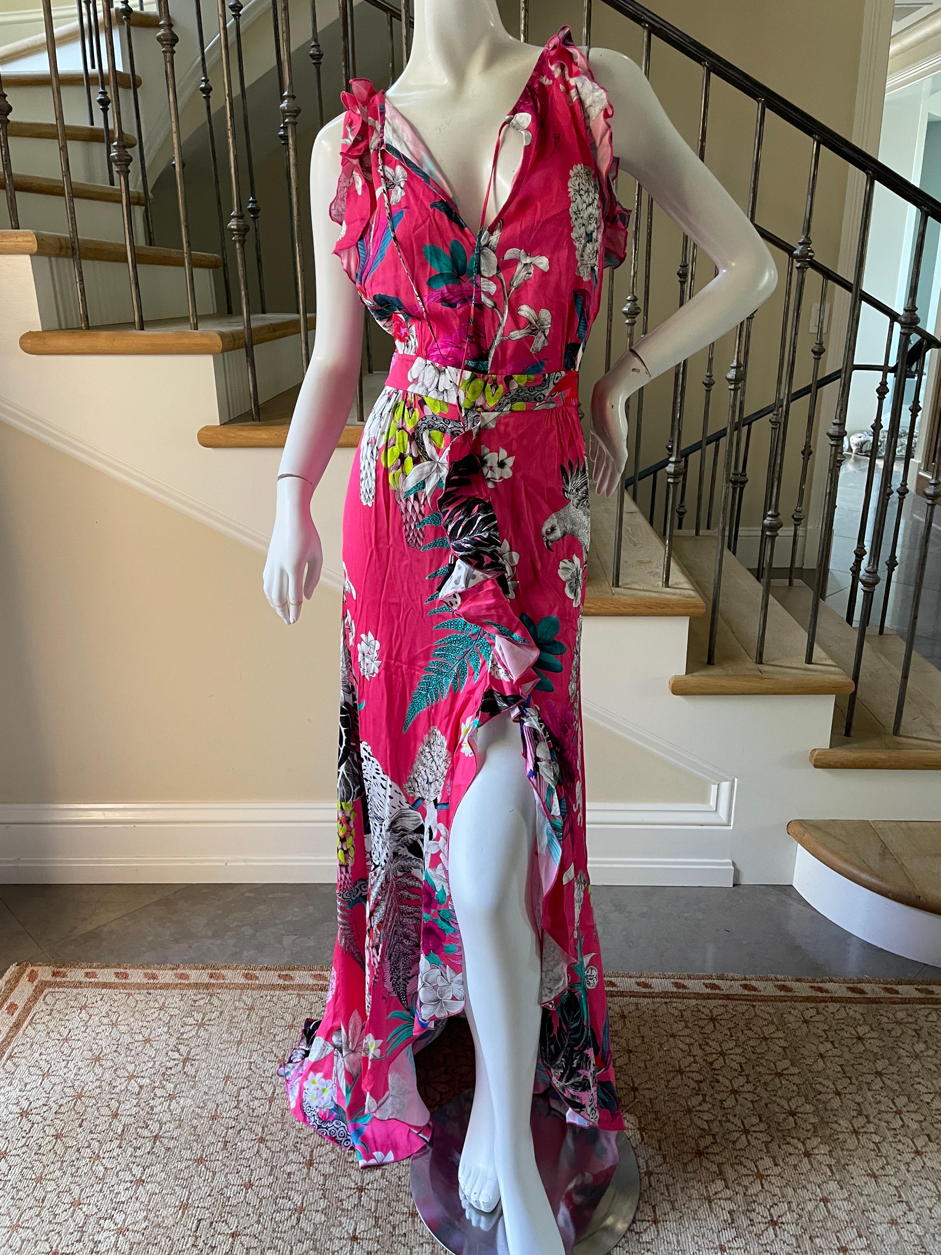 Romantic ruffled flamenco style evening dress in a hard to find size 48, from just Cavalli by Roberto Cavalli. Bust 44 inches, waist 32 inches, hips 48 inches, length 62 inches. Excellent condition