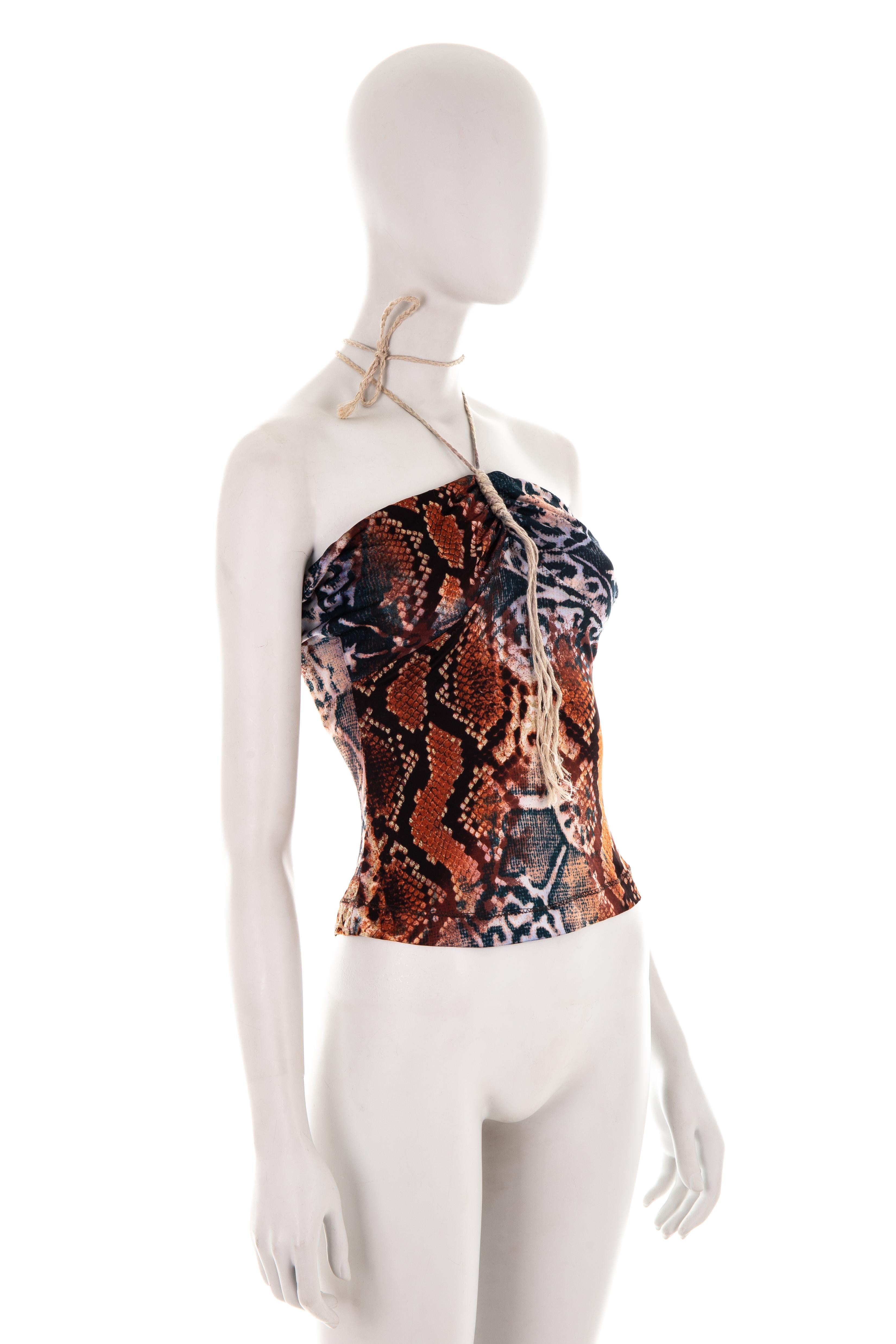 - Just Cavalli by Roberto Cavalli
- Spring-summer 2006 collection
- Sold by Gold Palms Vintage
- Viscose halter top with multi-colored graphic python print 
- Cream wrap-around string necklace
- Back cut-out detail 
- Size: IT 40