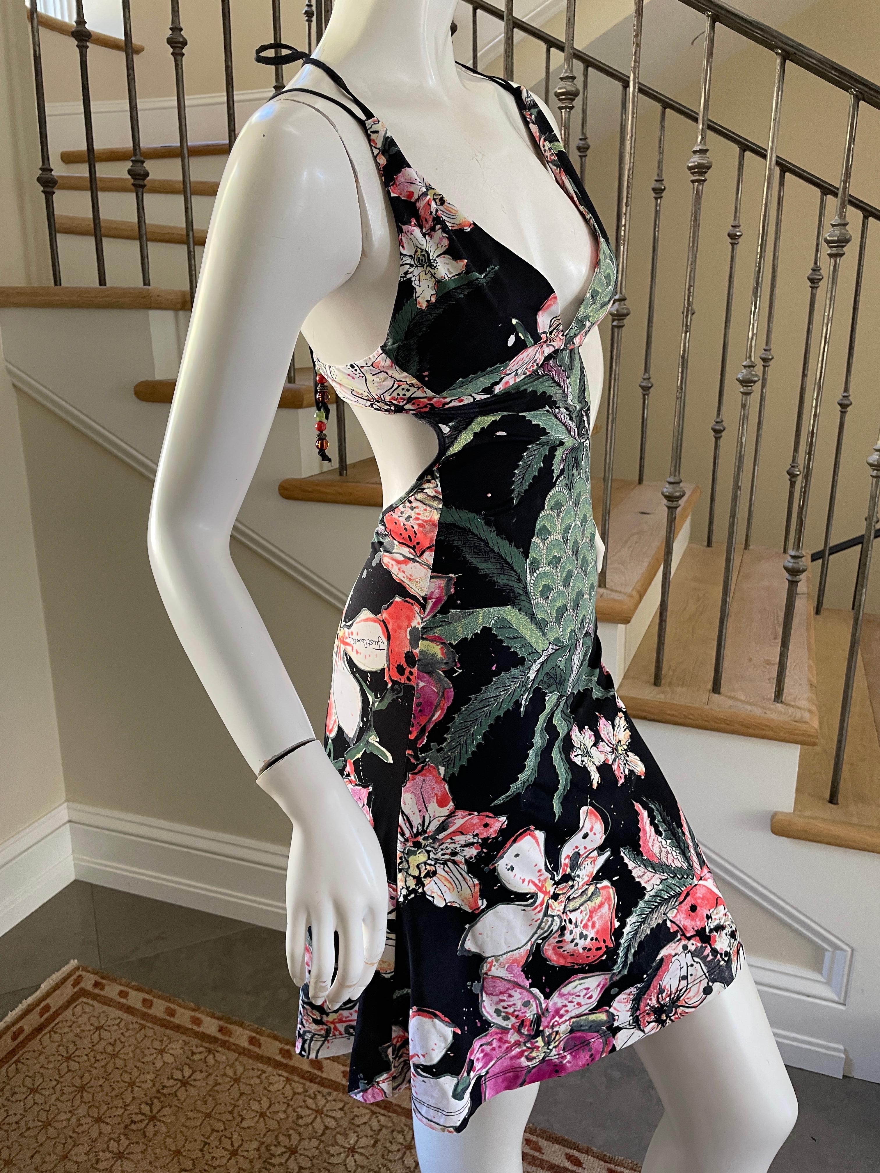  Just Cavalli Sexy Back Orchid Pineapple Print Cocktail Dress by Roberto Cavalli In Excellent Condition For Sale In Cloverdale, CA