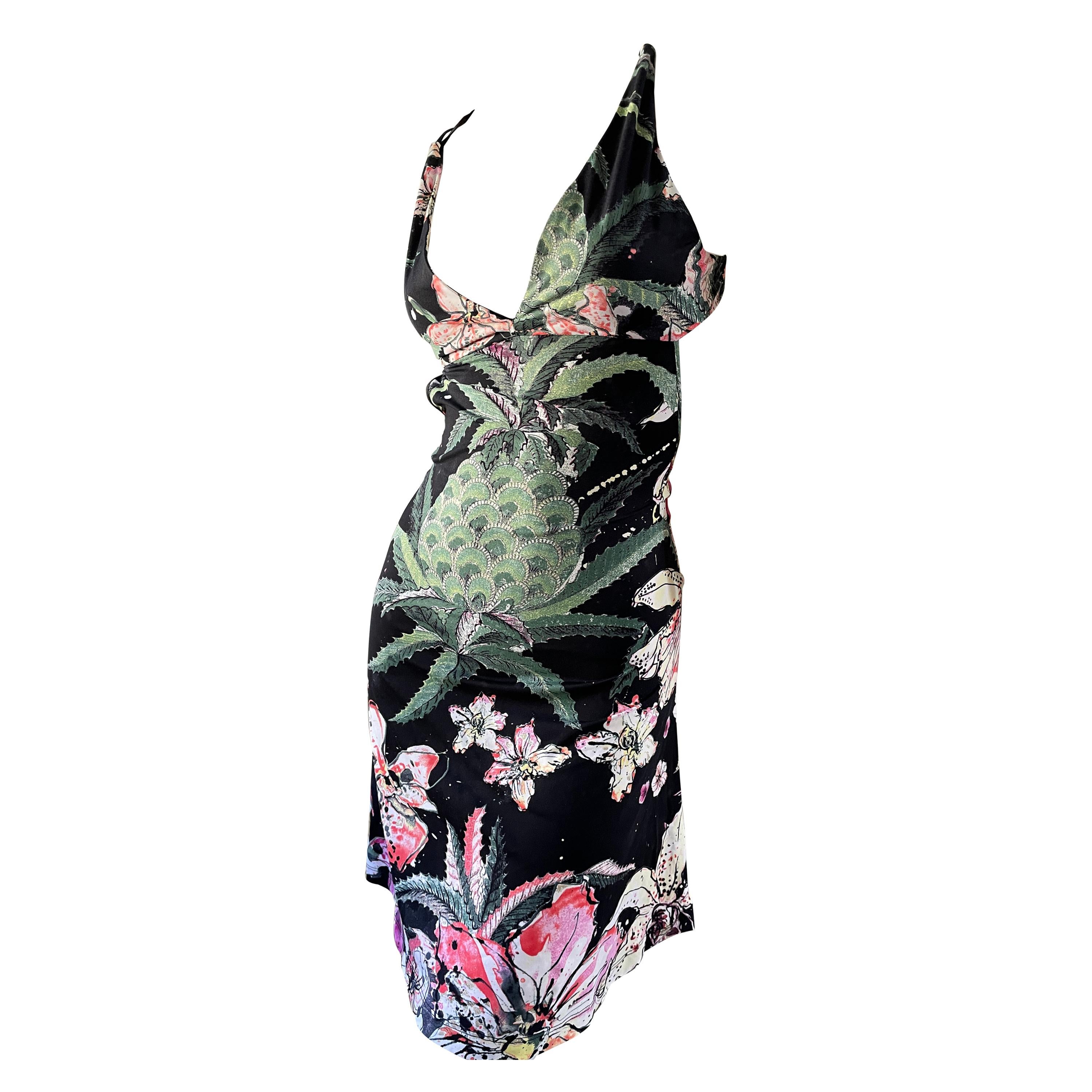  Just Cavalli Sexy Back Orchid Pineapple Print Cocktail Dress by Roberto Cavalli For Sale