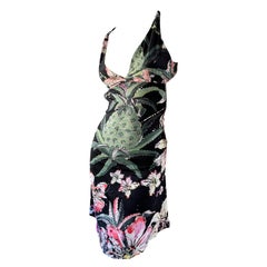  Just Cavalli Sexy Back Orchid Pineapple Print Cocktail Dress by Roberto Cavalli