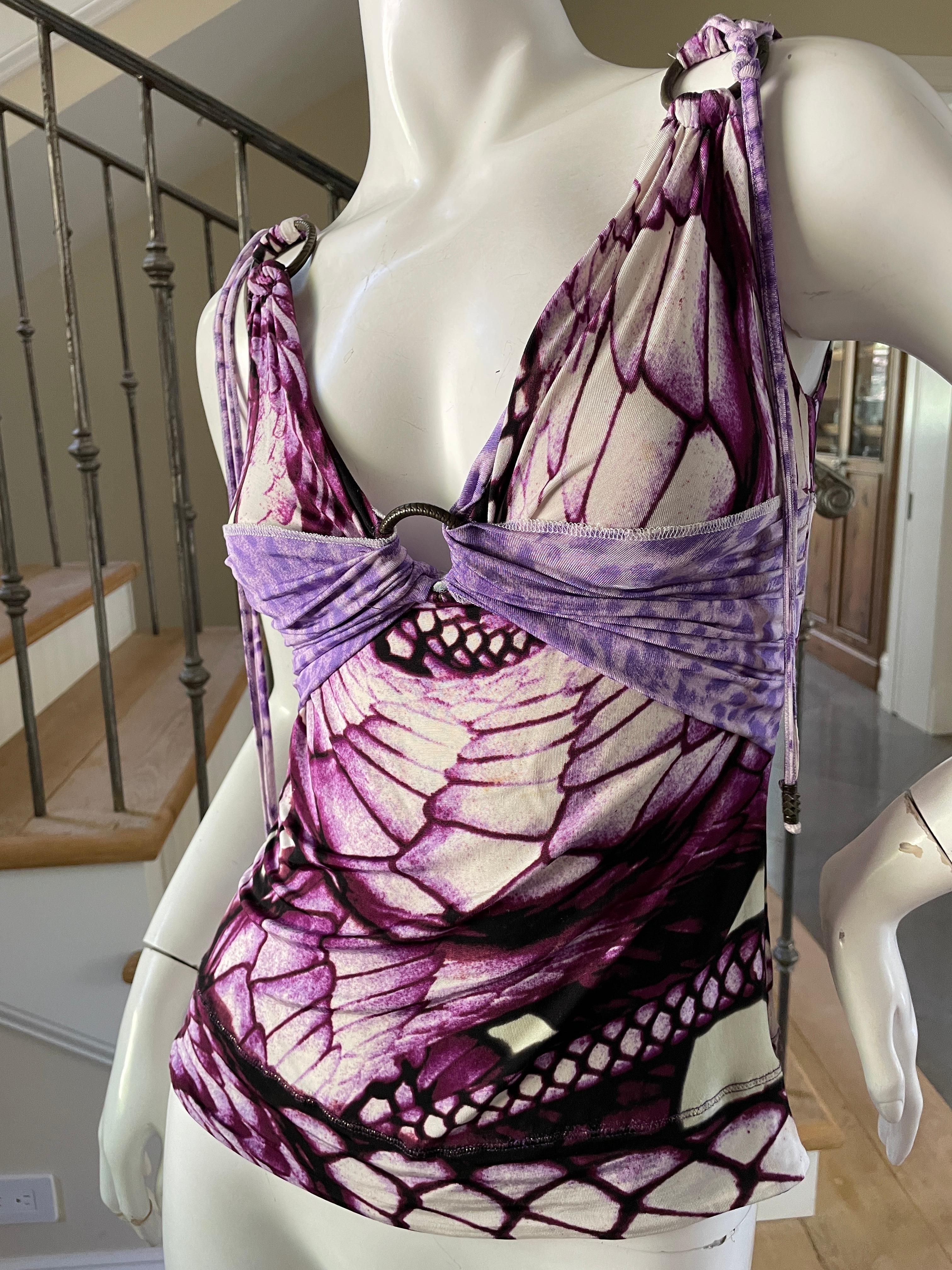Just Cavalli Sexy Vintage Purple Snake Print Top w Brass Ring by Roberto Cavalli  
 Sz Small
 This is so pretty, looks better on live model.
Bust 34