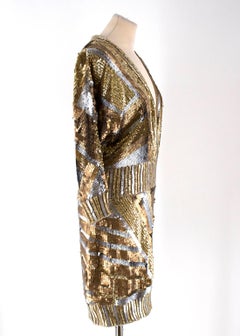 Just Cavalli Silver & Gold Metallic Sequin V-neck Dress US 4