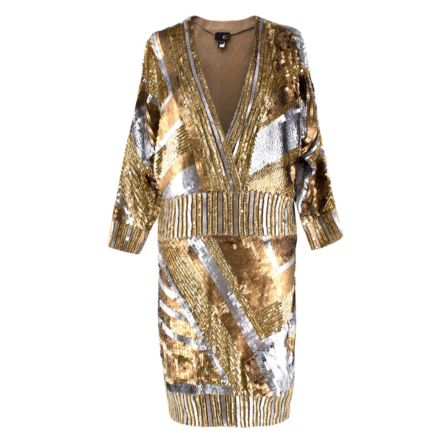 Just Cavalli Silver 
Gold Metallic Sequin V-neck Dress US 4
