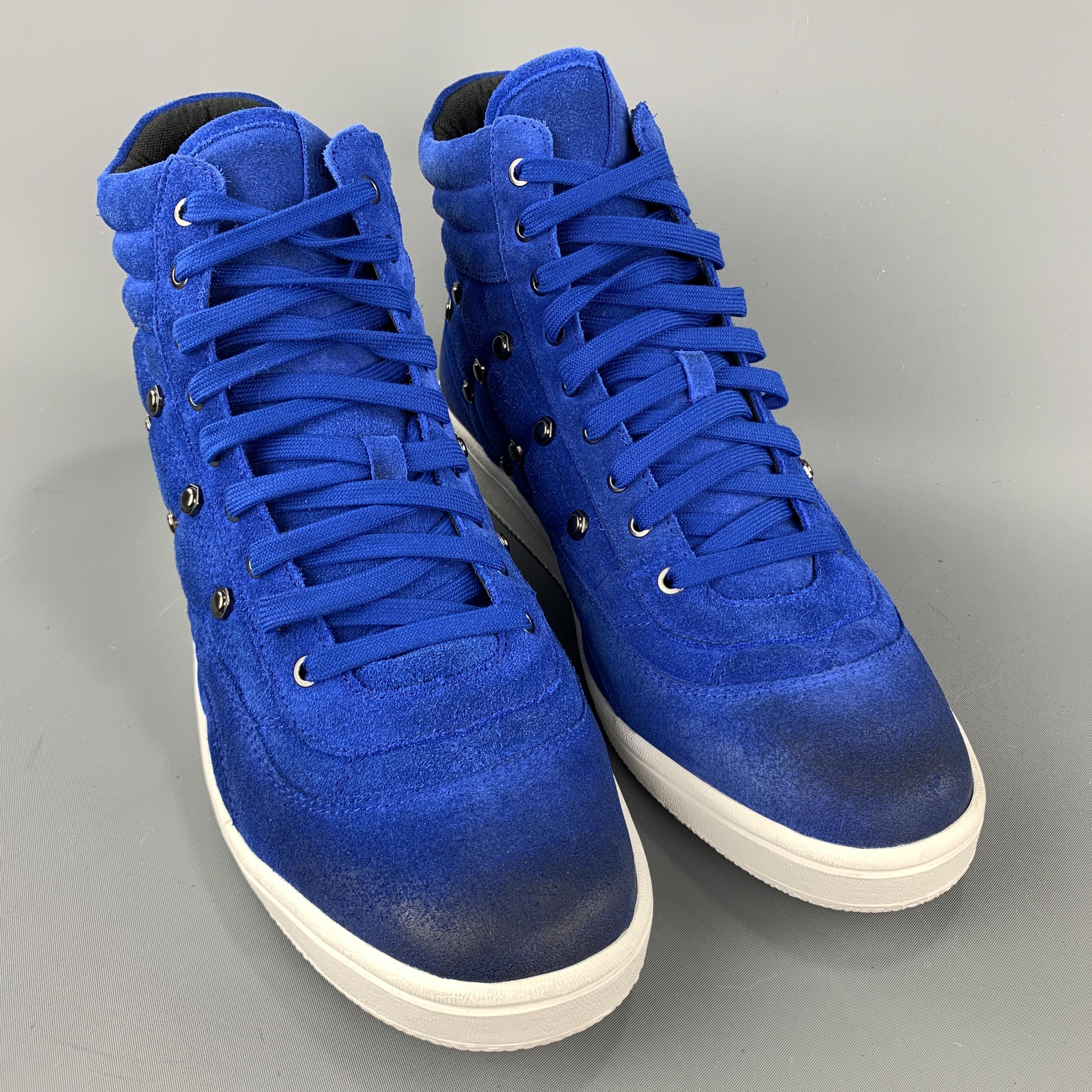 JUST CAVALLI sneakers comes in a royal blue suede featuring a high top style, quilted, studded details, and a rubber sole.

New With Box
Marked: 10.5

Outsole:  4 in. x 12.5 in.