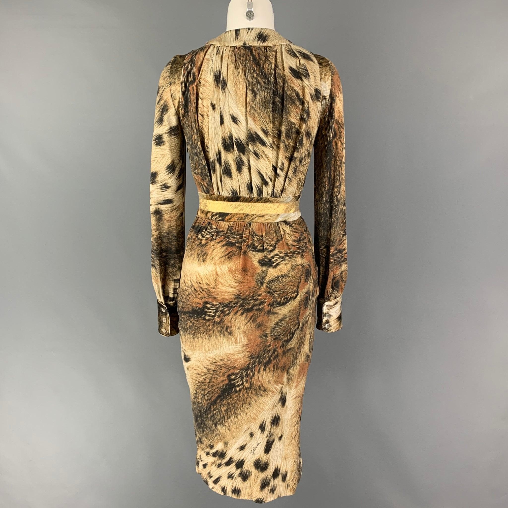 Women's JUST CAVALLI Size 2 Beige Brown Viscose Blend Marbled Long Sleeve Dress For Sale