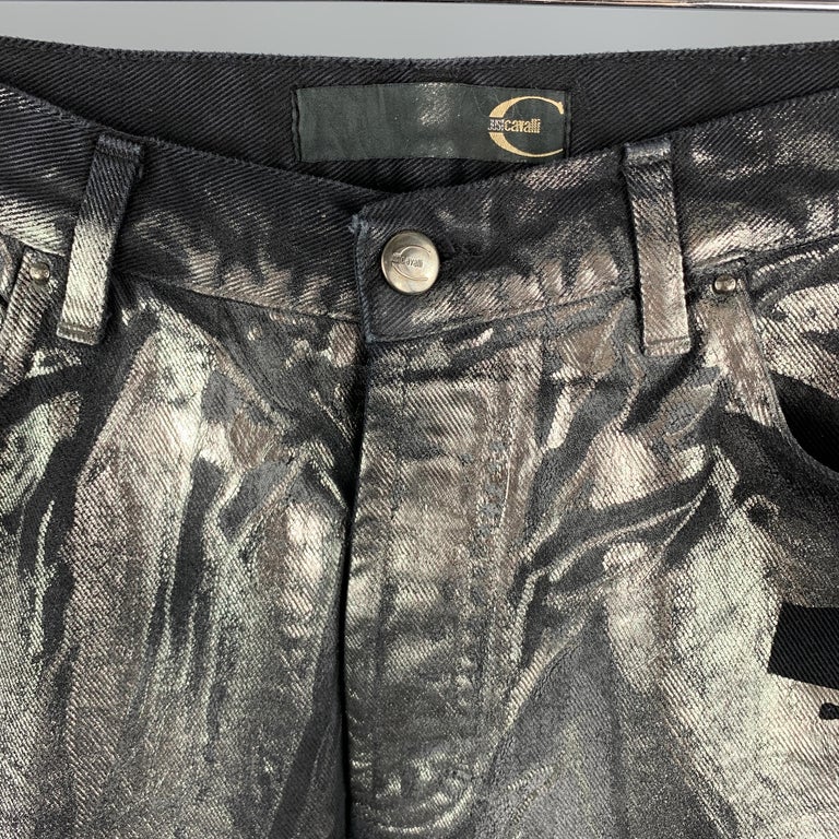 JUST CAVALLI Size 30 Black and Silver Metallic Painted Denim Pistol Jeans  at 1stDibs | just cavalli jeans