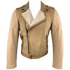 JUST CAVALLI Size 36 Tan Shearling & Wool Padded Biker Jacket 