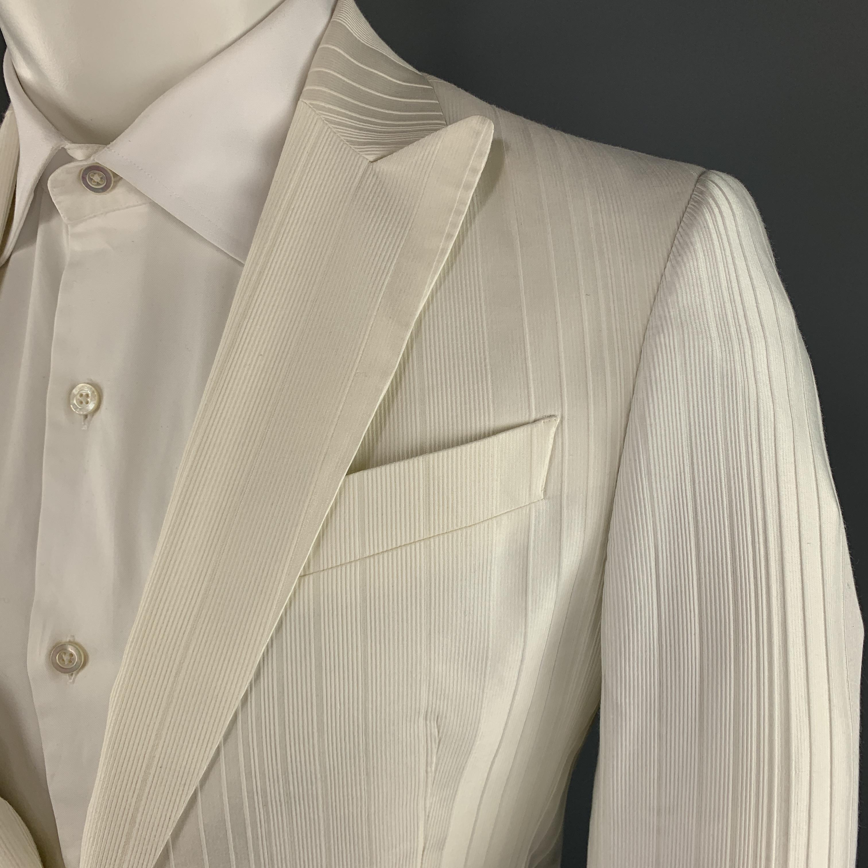 Men's JUST CAVALLI Size 38 White Striped Textured Cotton Blend Peak Lapel Sport Coat