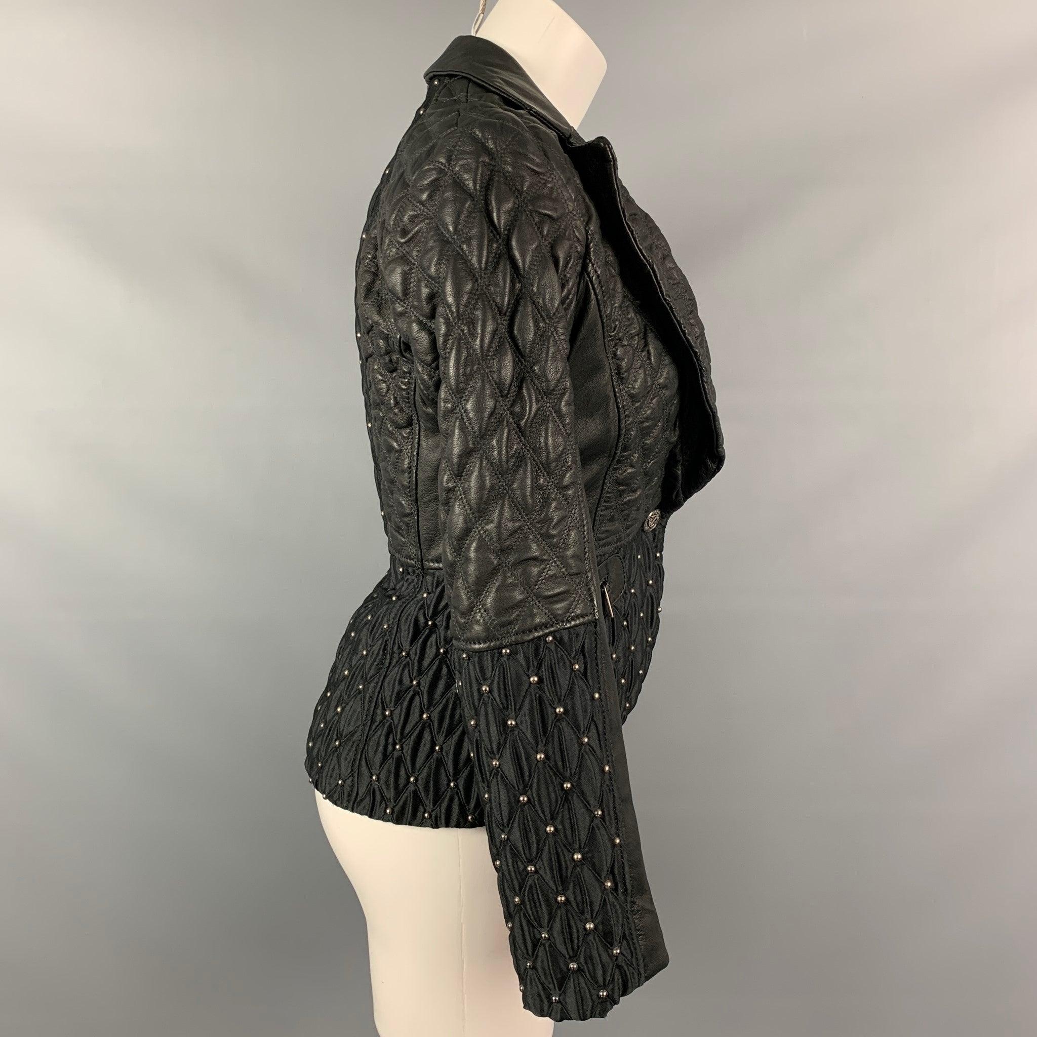 Women's JUST CAVALLI Size 4 Black Studded Acetate / Viscose Quilted Notch Lapel Jacket For Sale