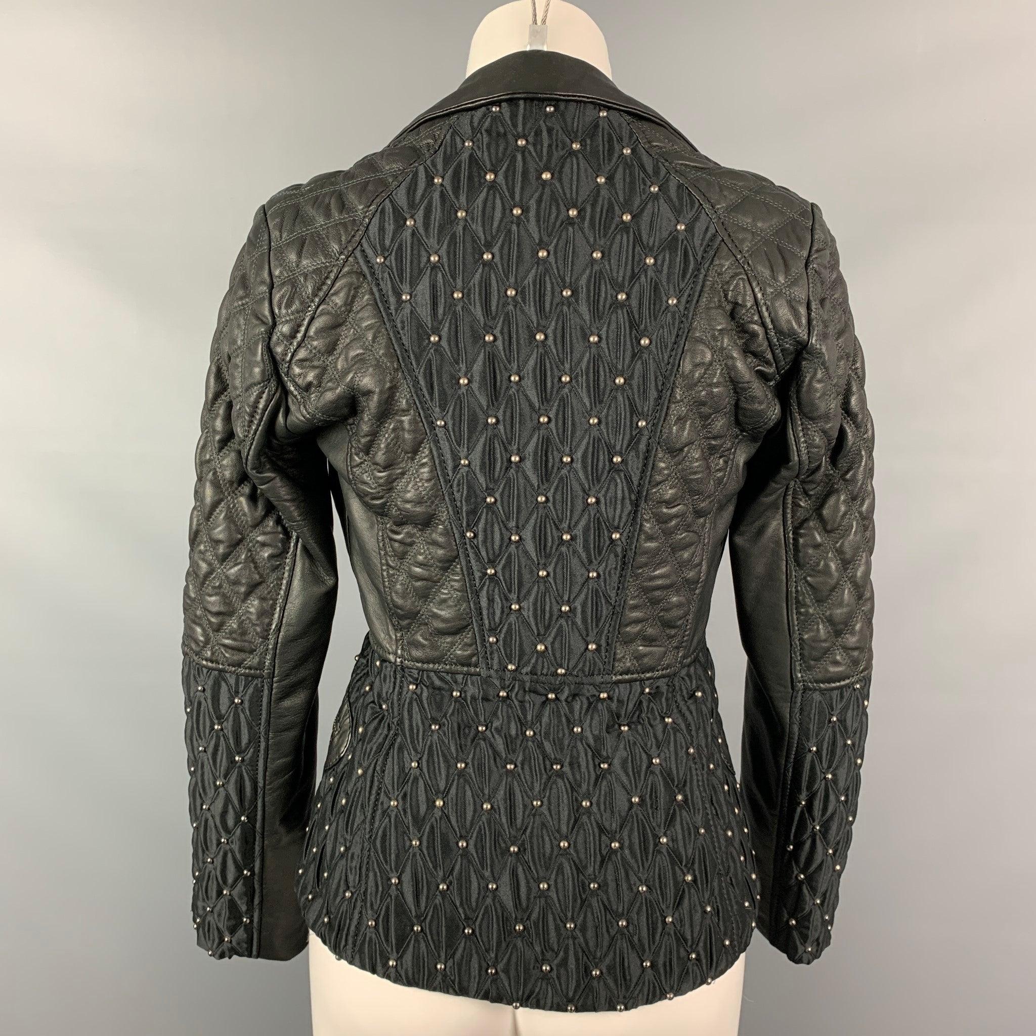 JUST CAVALLI Size 4 Black Studded Acetate / Viscose Quilted Notch Lapel Jacket For Sale 1