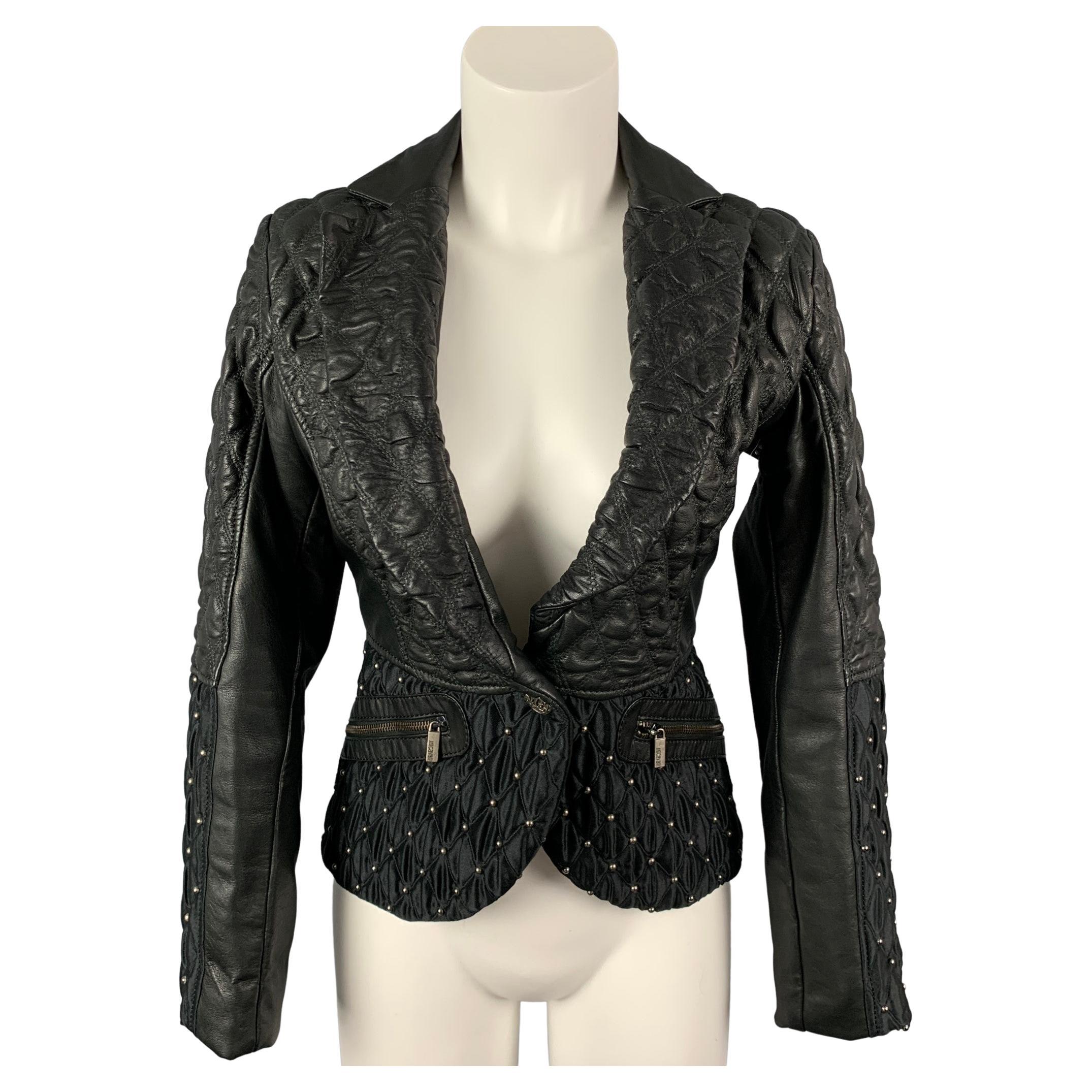 JUST CAVALLI Size 4 Black Studded Acetate / Viscose Quilted Notch Lapel Jacket