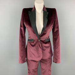 JUST CAVALLI Size 4 Burgundy & Black Velvet Pants Tuxedo Suit