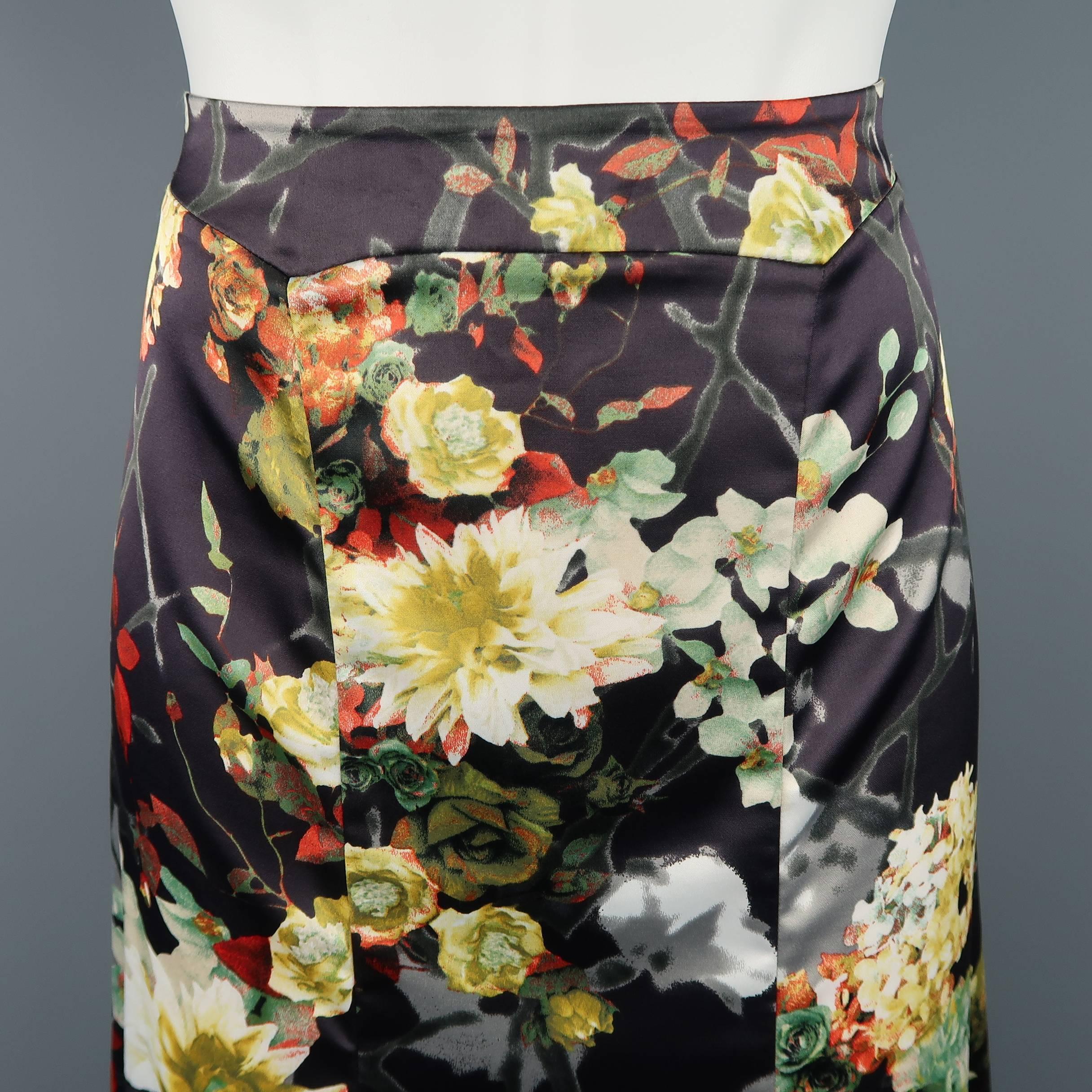 Black Just Cavalli Charcoal Multicolor Floral Print Satin Flare Skirt