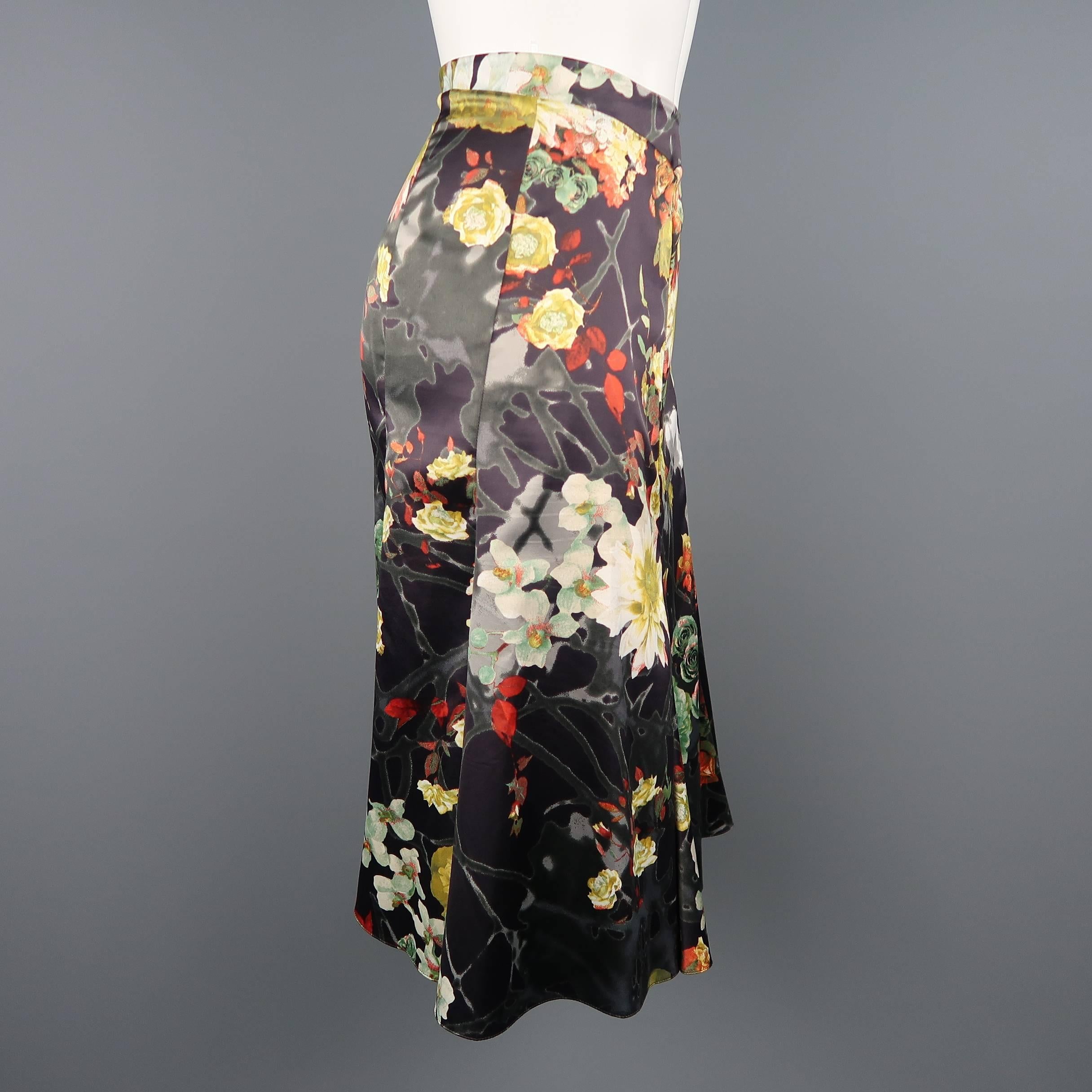 Just Cavalli Charcoal Multicolor Floral Print Satin Flare Skirt In Good Condition In San Francisco, CA
