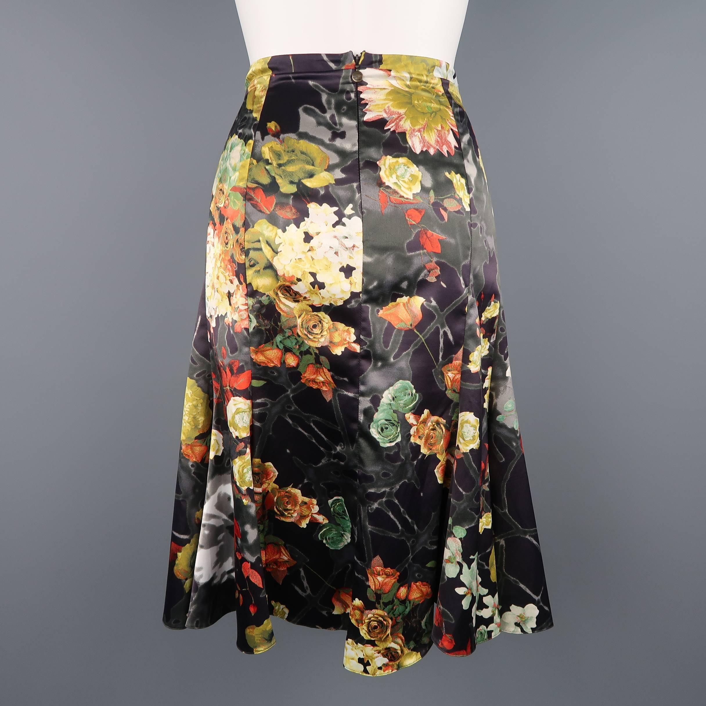 Just Cavalli Charcoal Multicolor Floral Print Satin Flare Skirt 1